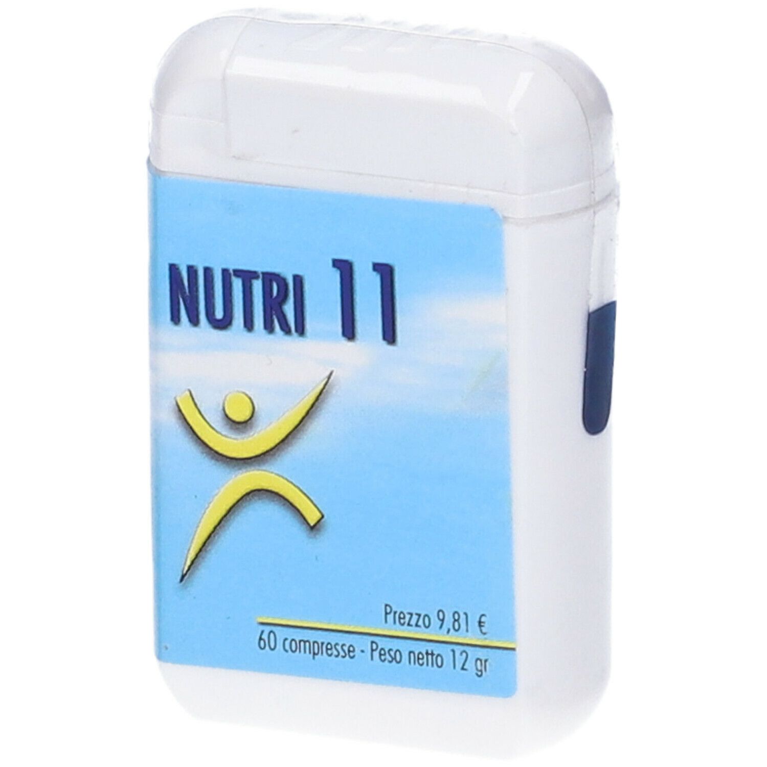 Scatola di compresse bianca con etichetta blu. Scritto: NUTRI 11. Figura gialla. Prezzo 9,81 €. 60 compresse - Peso netto 12 gr.