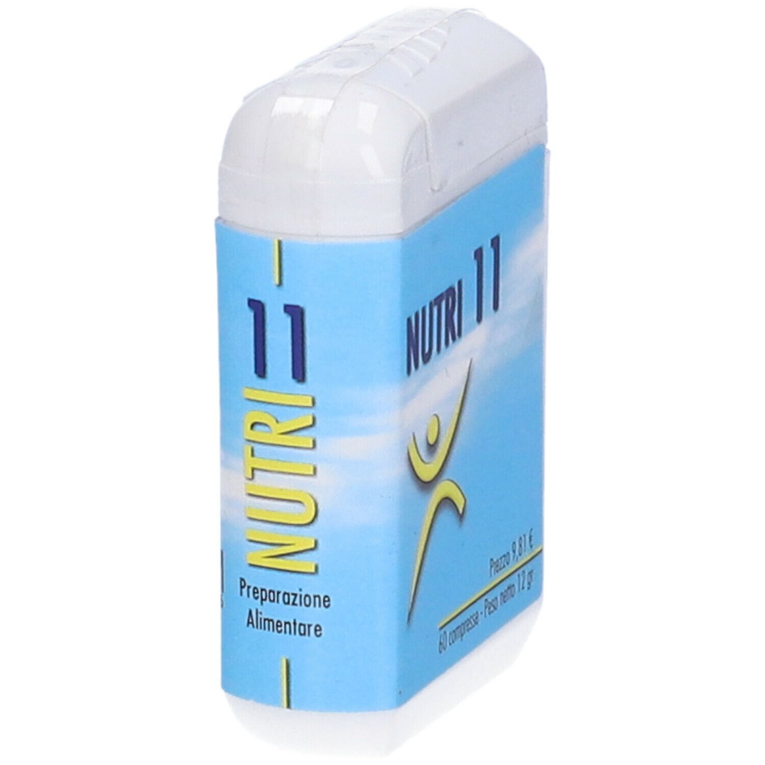 Scatola di compresse bianca con etichetta blu. Scritto: NUTRI 11. Figura gialla. 60 compresse - Peso netto 12 gr. Prezzo 9,81 €.