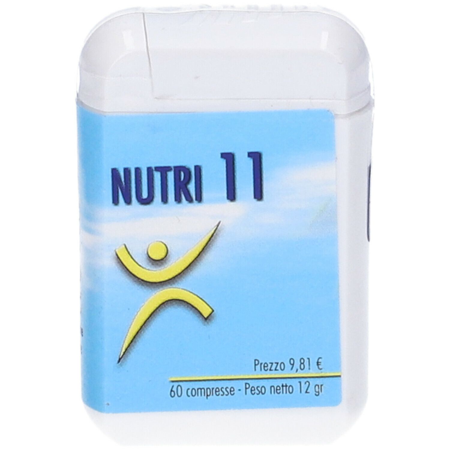 Scatola di compresse bianca con etichetta blu. Scritto: NUTRI 11. Figura gialla. Prezzo 9,81 €. 60 compresse - Peso netto 12 gr.