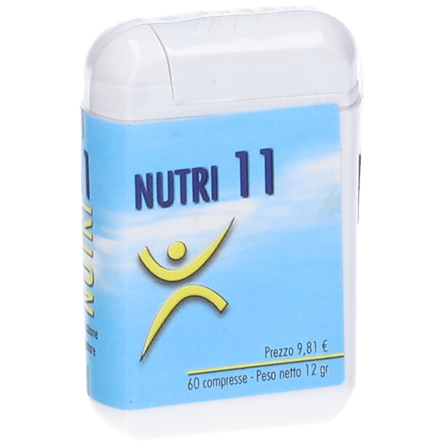 Scatola di compresse bianca con etichetta blu. Scritto: NUTRI 11. Figura gialla. Prezzo 9,81 €. 60 compresse - Peso netto 12 gr.