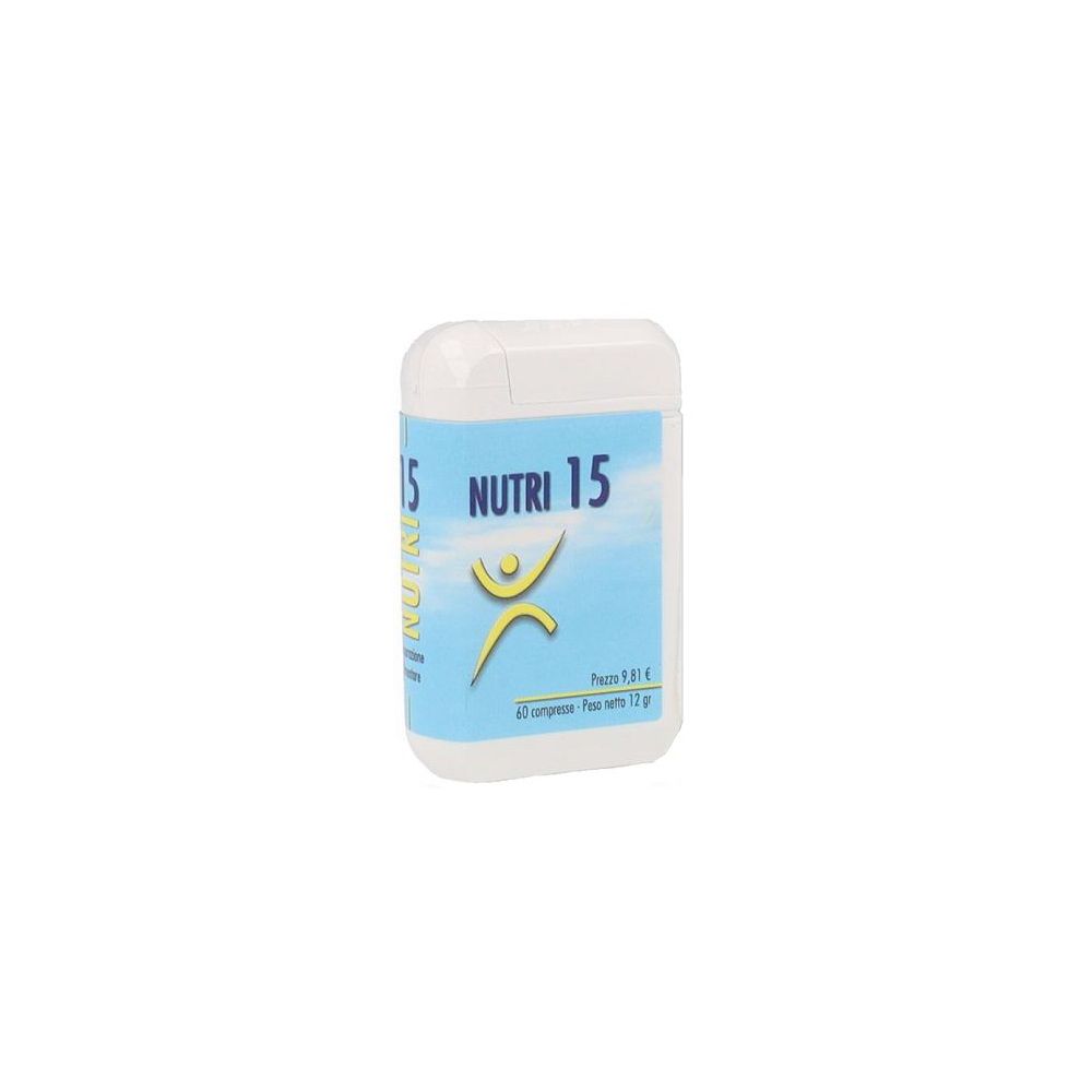 Contenitore bianco con etichetta blu. Scritta: NUTRI 15, logo, 60 compresse, 12 g. Prezzo 9,81 €.