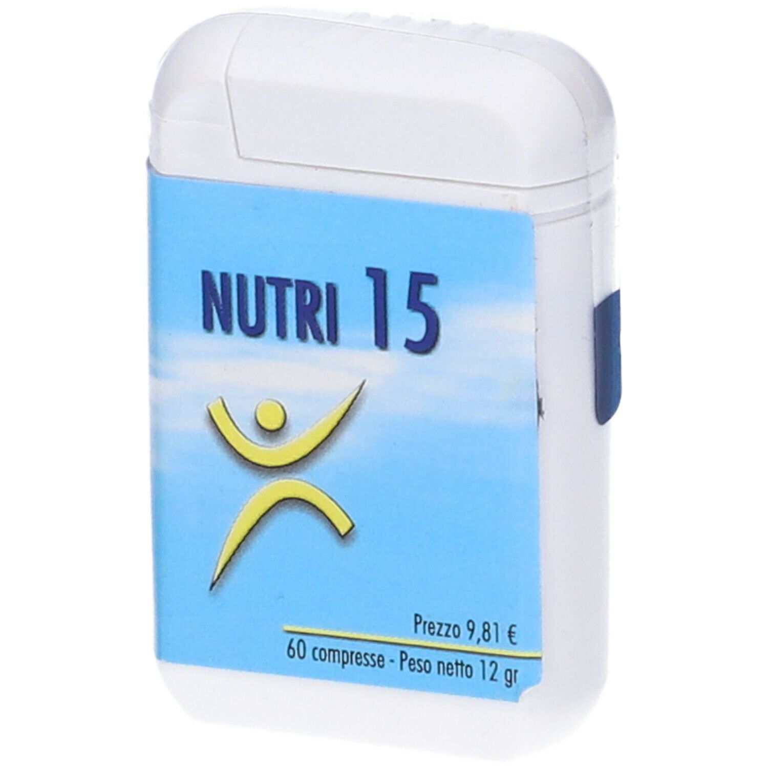 Contenitore bianco con etichetta blu. Scritta: NUTRI 15, logo, 60 compresse, 12 g. Prezzo 9,81 €.