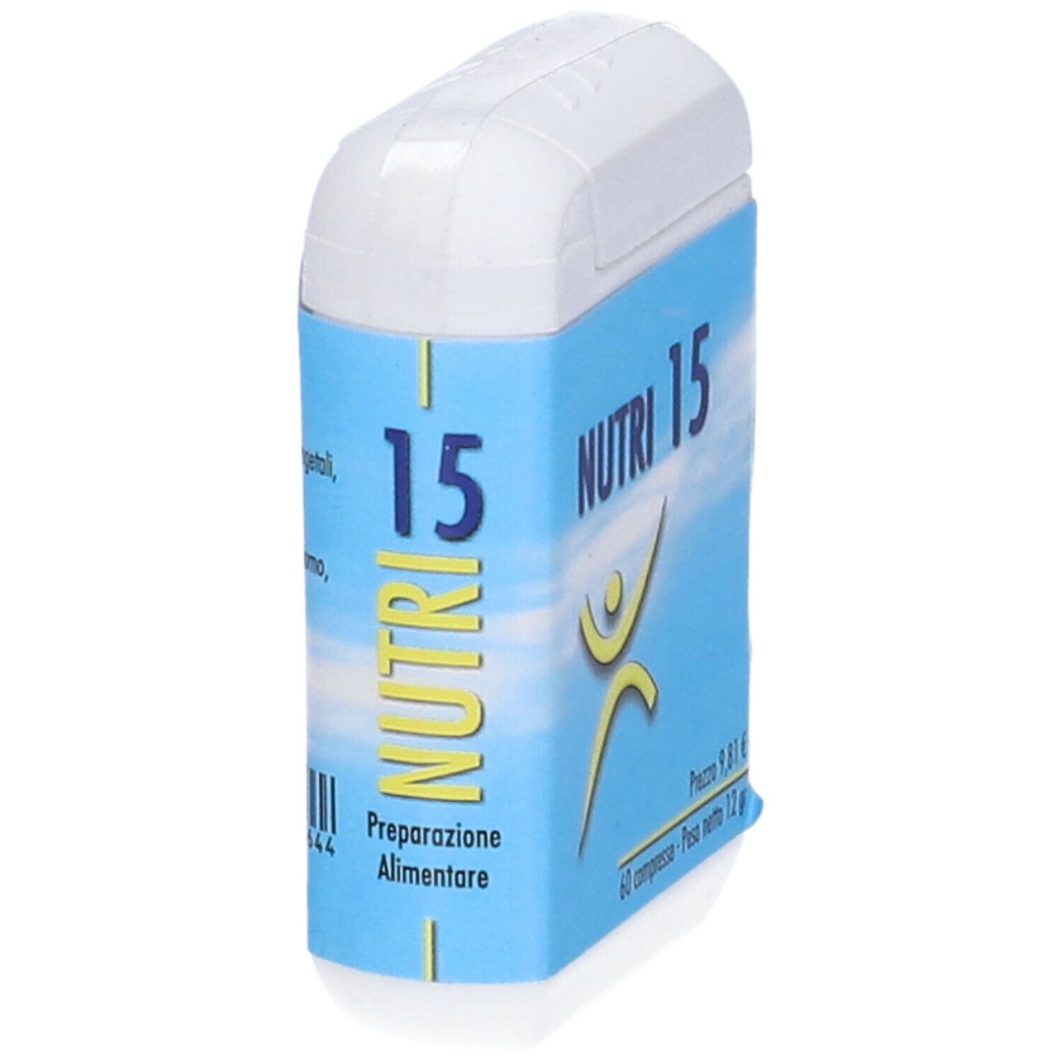 Contenitore bianco con etichetta blu. Scritta: NUTRI 15, logo, 60 compresse, 12 g. Prezzo 9,81 €.