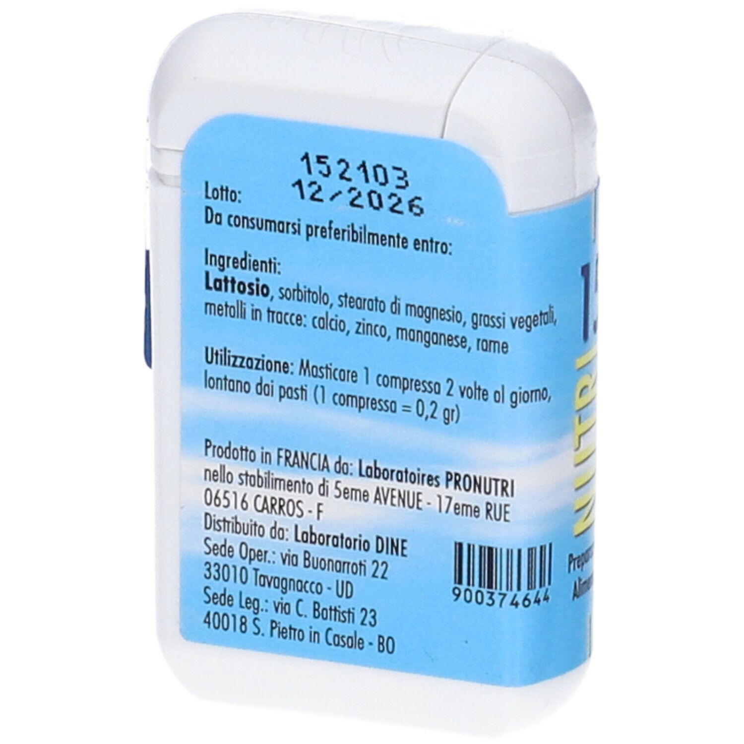 Retro di un contenitore bianco con etichetta blu. Testo: ingredienti, uso, informazioni produttore.