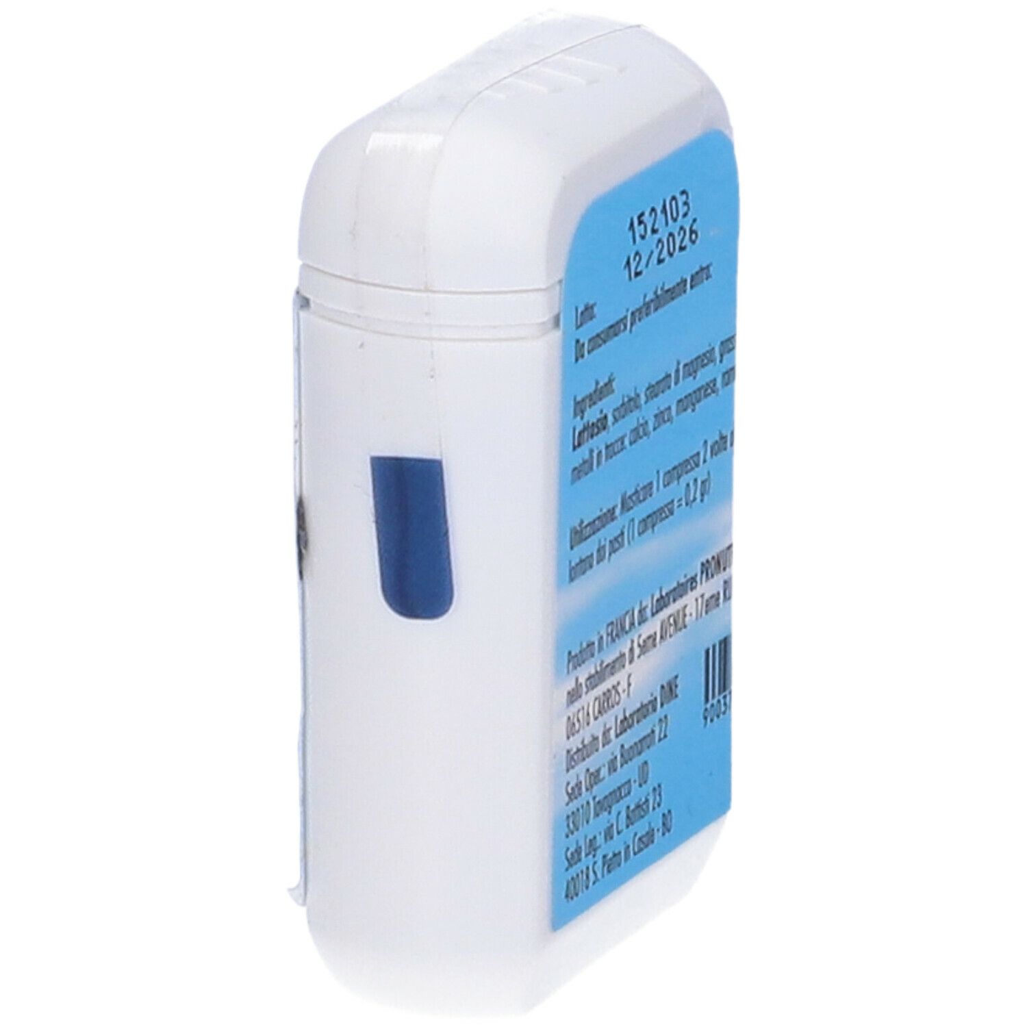Vista laterale di un contenitore bianco con etichetta blu. Testo: ingredienti, uso, informazioni produttore.