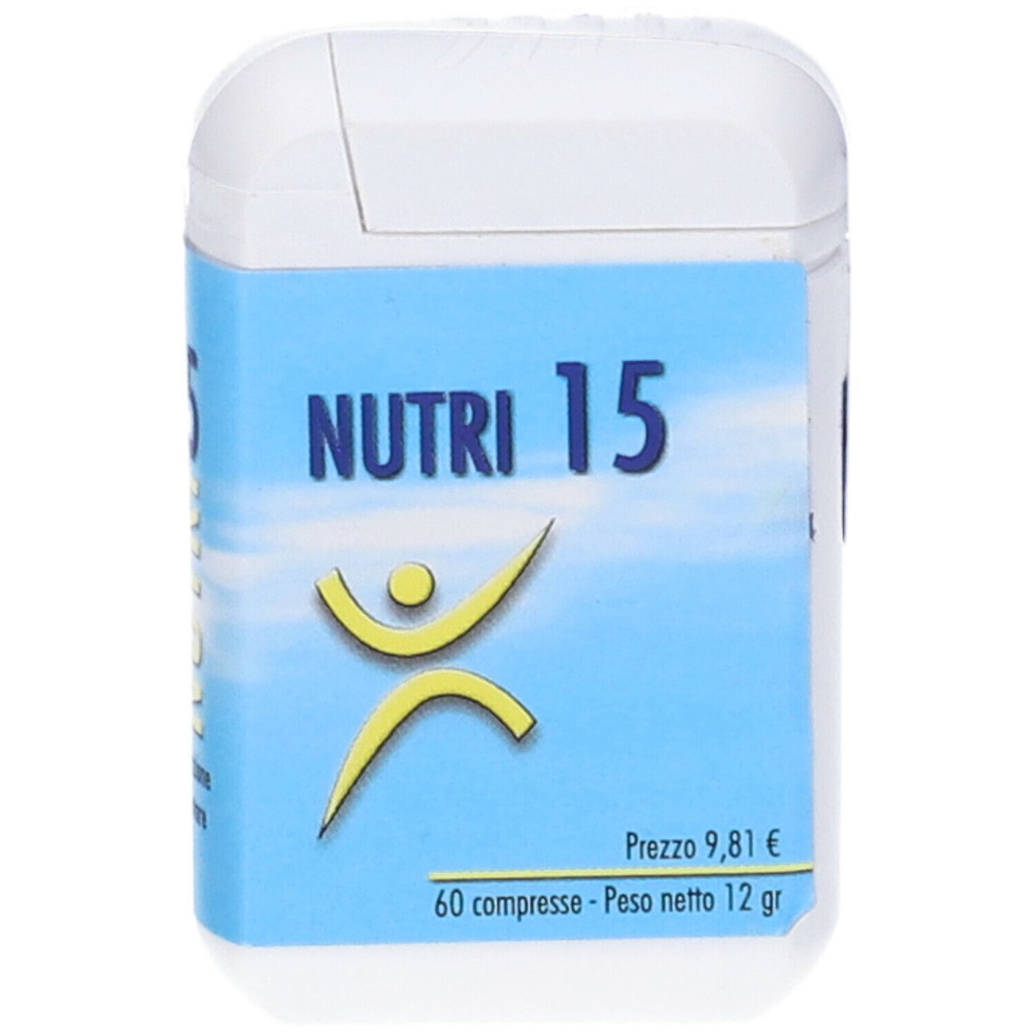 Contenitore bianco con etichetta blu. Scritta: NUTRI 15, logo, 60 compresse, 12 g. Prezzo 9,81 €.