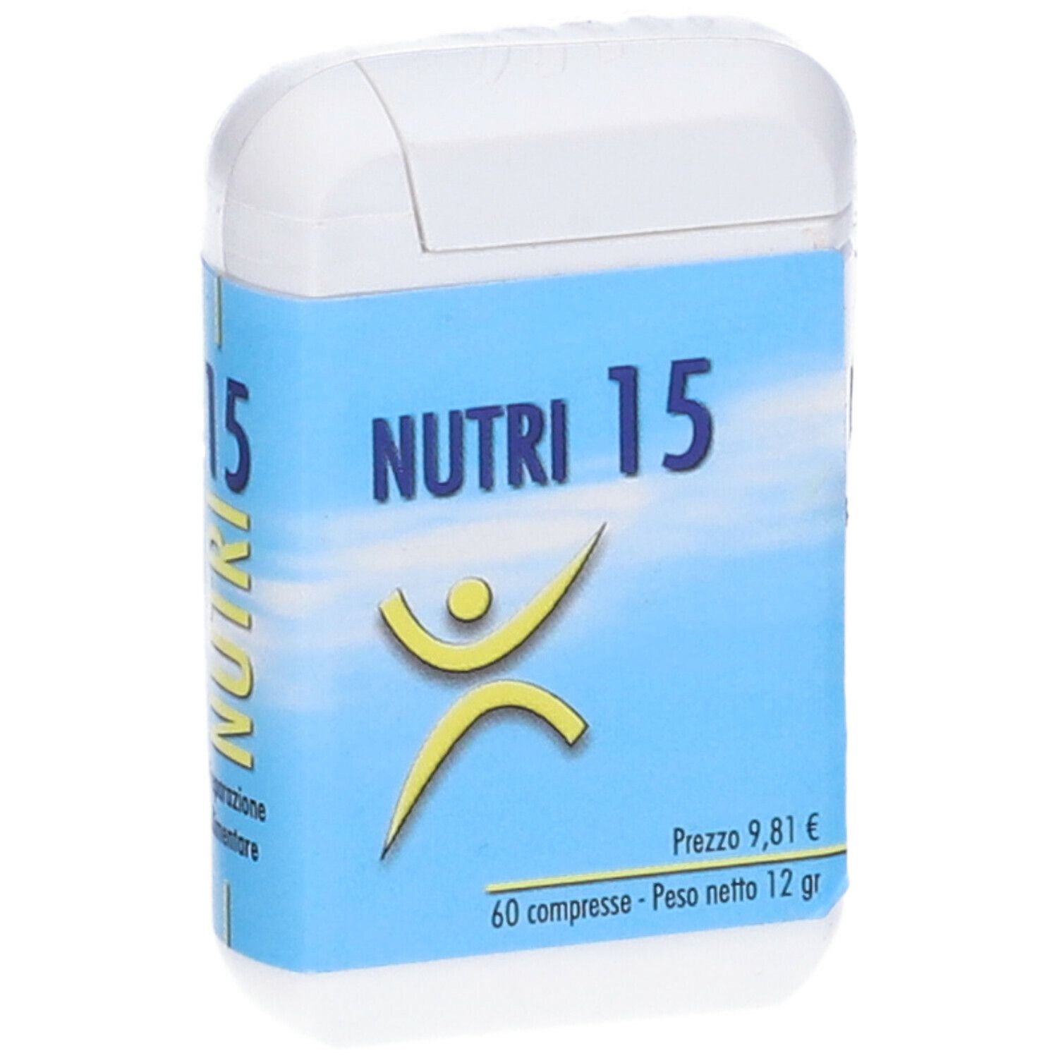 Contenitore bianco con etichetta blu. Scritta: NUTRI 15, logo, 60 compresse, 12 g. Prezzo 9,81 €.