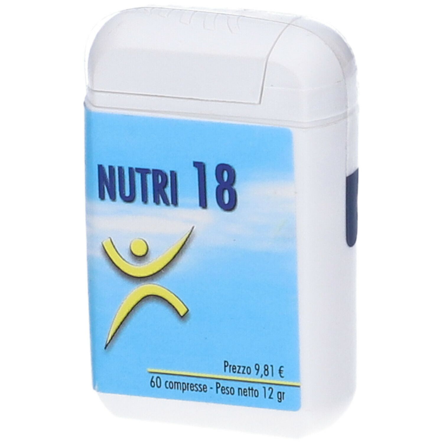 Confezione bianca ovale con etichetta blu. Scritta: NUTRI 18. Logo giallo. Prezzo e contenuto indicati.