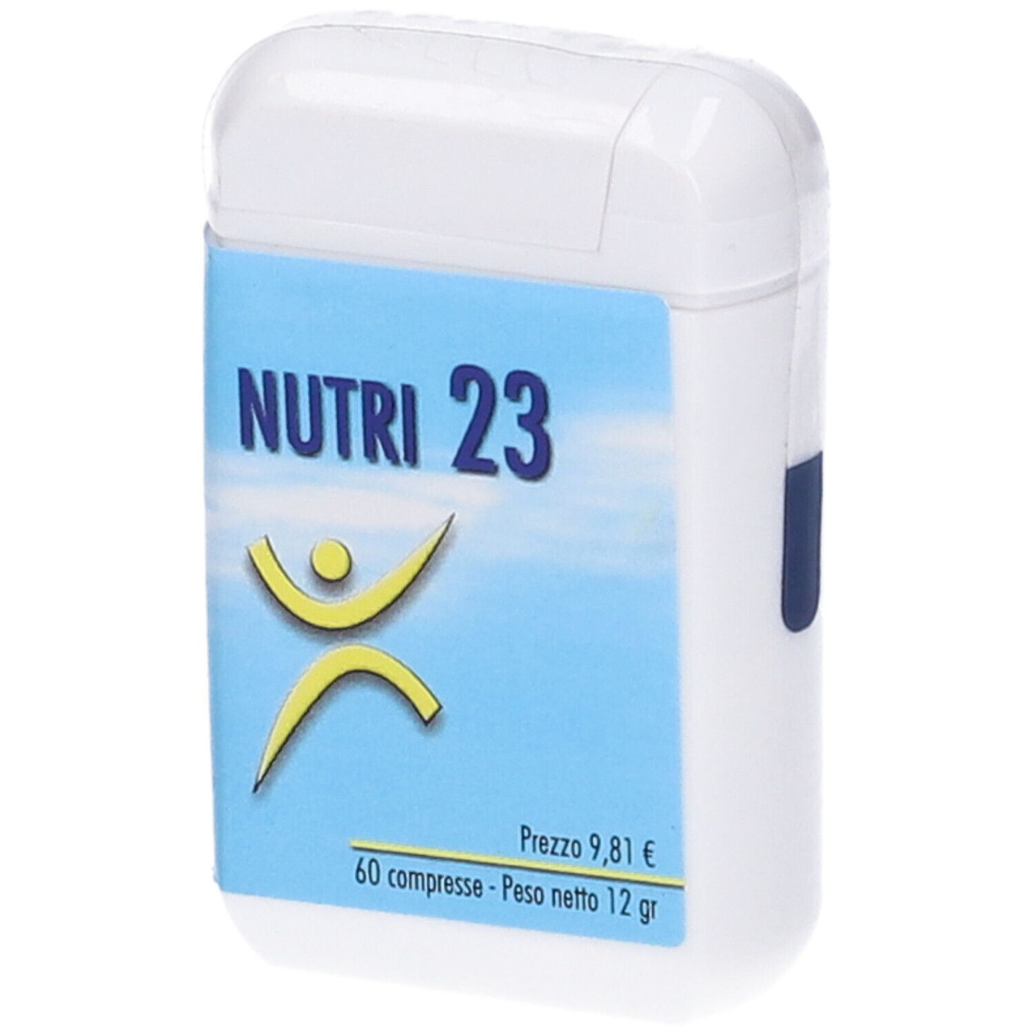 Contenitore bianco con etichetta blu. Scritta: NUTRI 23, logo, prezzo, 60 compresse, 12 g.