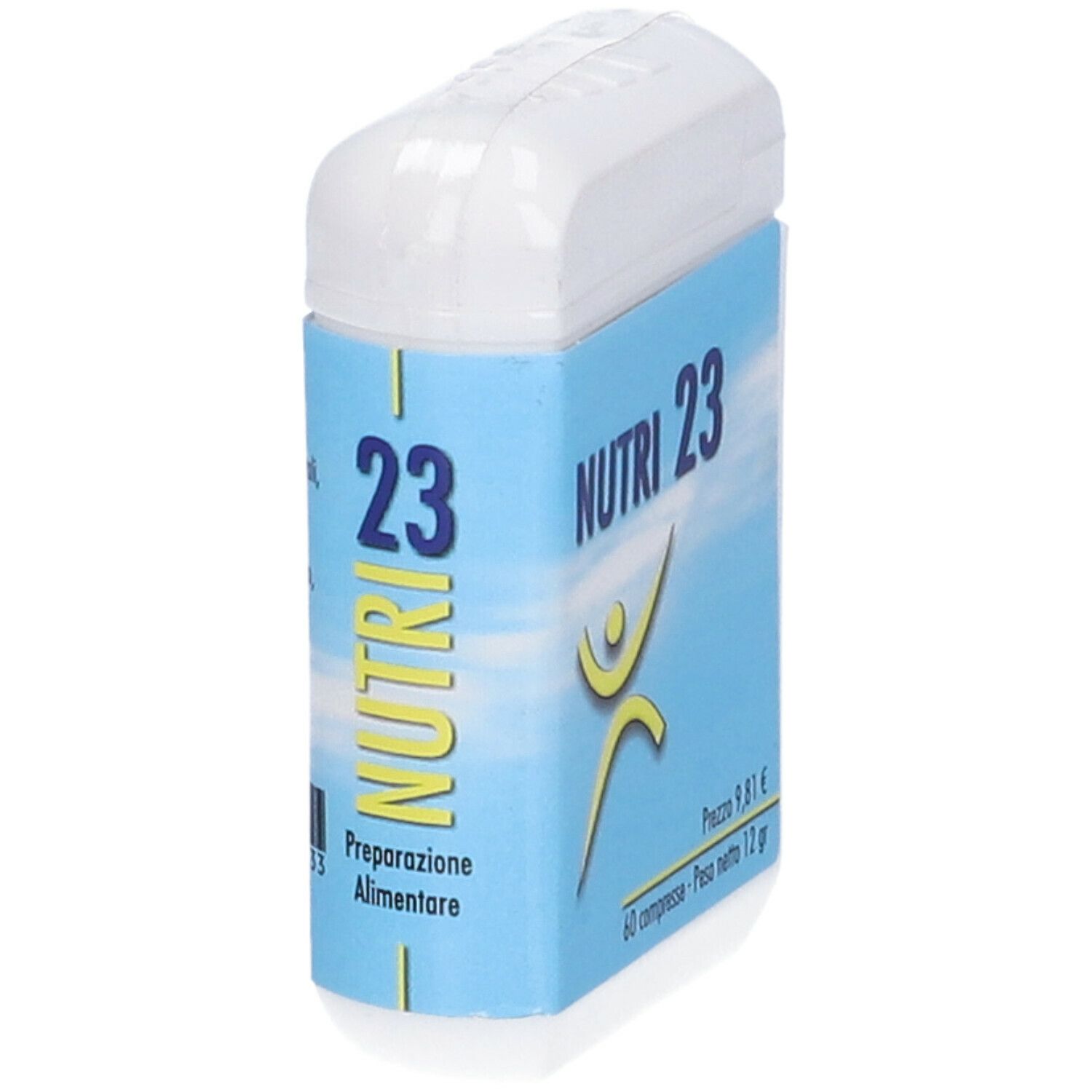 Contenitore bianco con etichetta blu. Scritta: NUTRI 23, logo, preparazione, 60 compresse, 12 g.