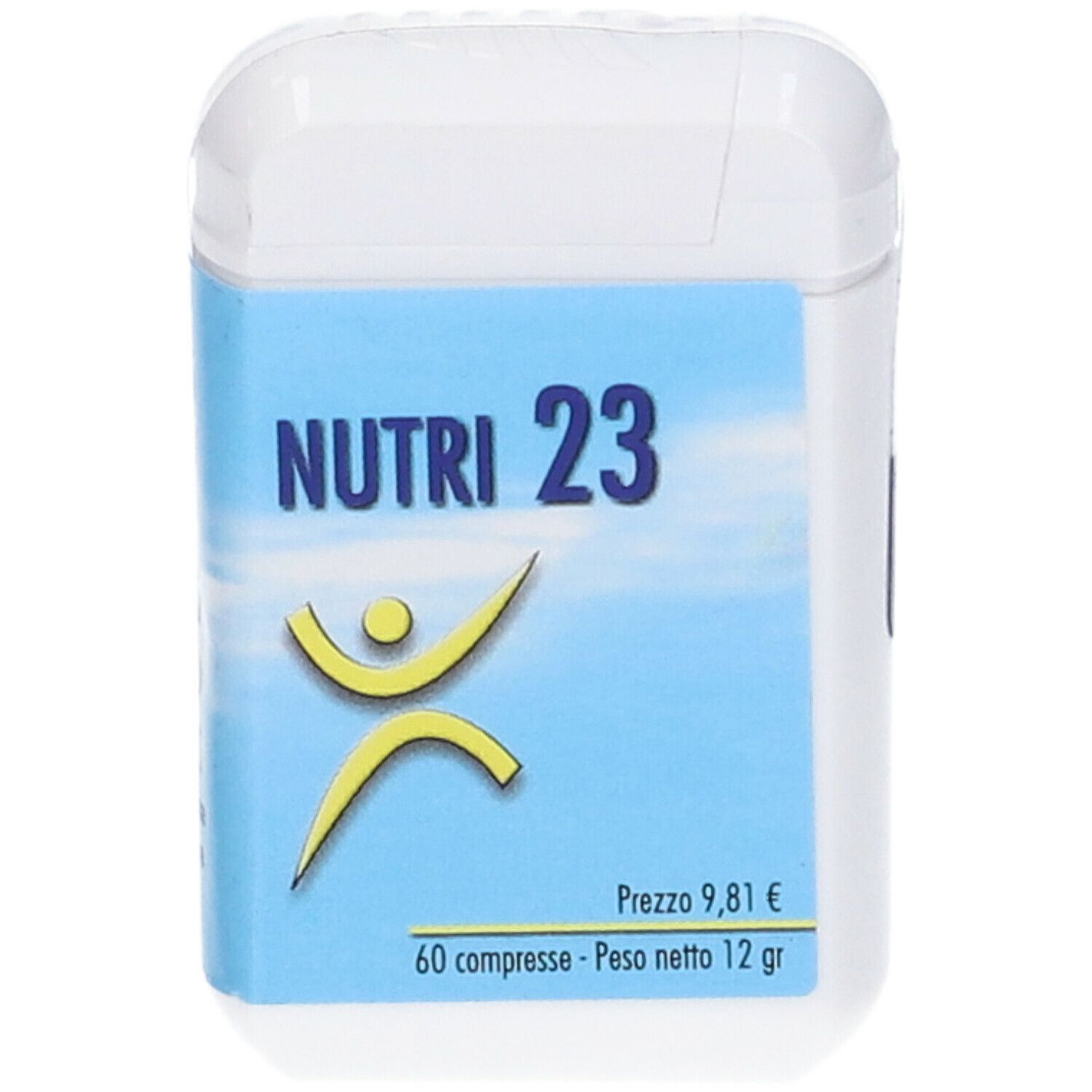 Contenitore bianco con etichetta blu. Scritta: NUTRI 23, logo, prezzo, 60 compresse, 12 g.