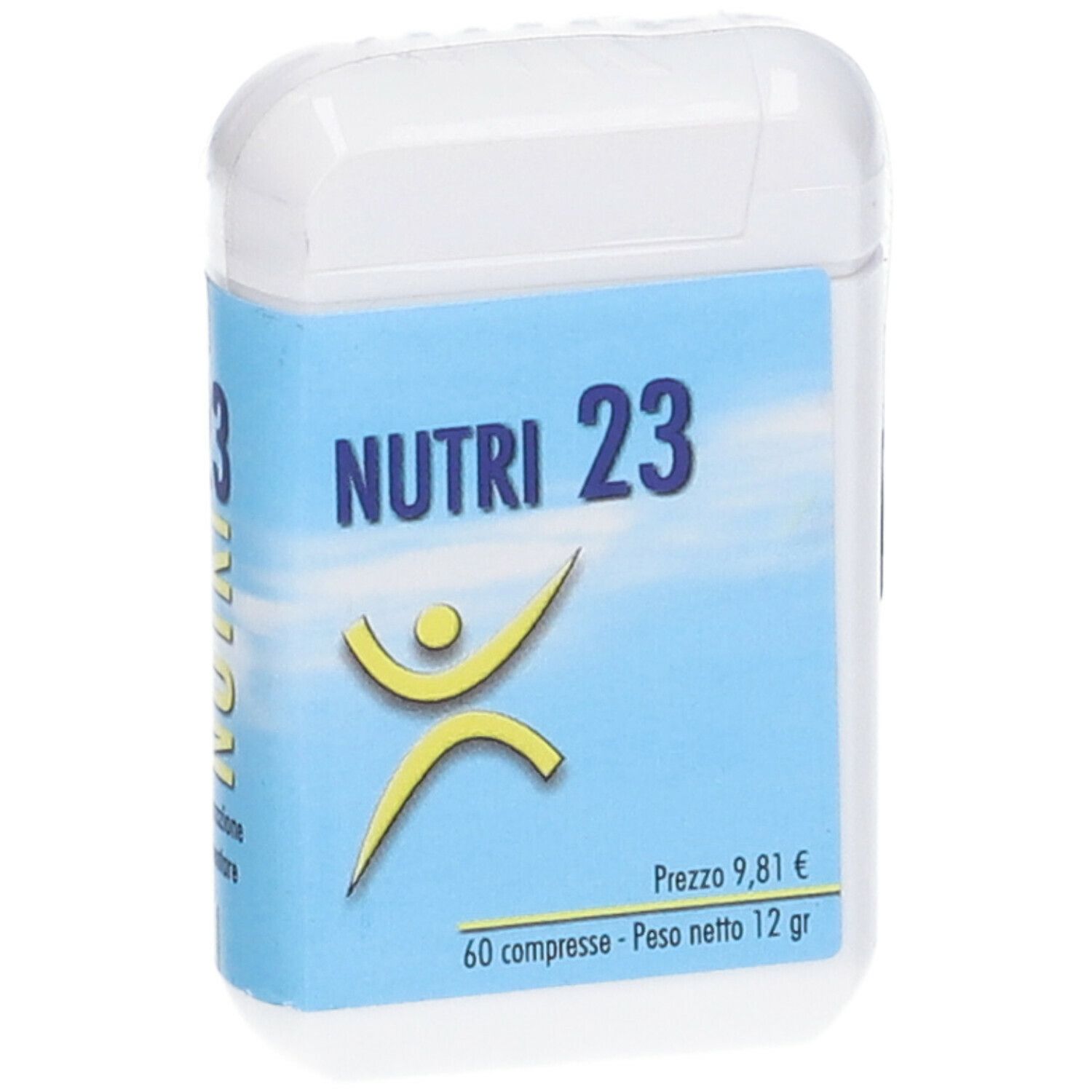 Contenitore bianco con etichetta blu. Scritta: NUTRI 23, logo, prezzo, 60 compresse, 12 g.
