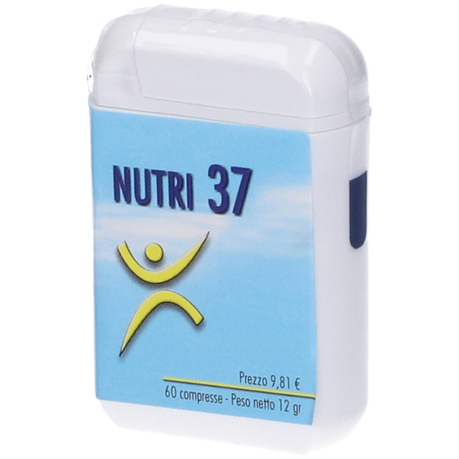 Scatola bianca di compresse con etichetta blu. Scritta: Nutri 37. Logo: figura gialla. 60 compresse. Scatola con coperchio.