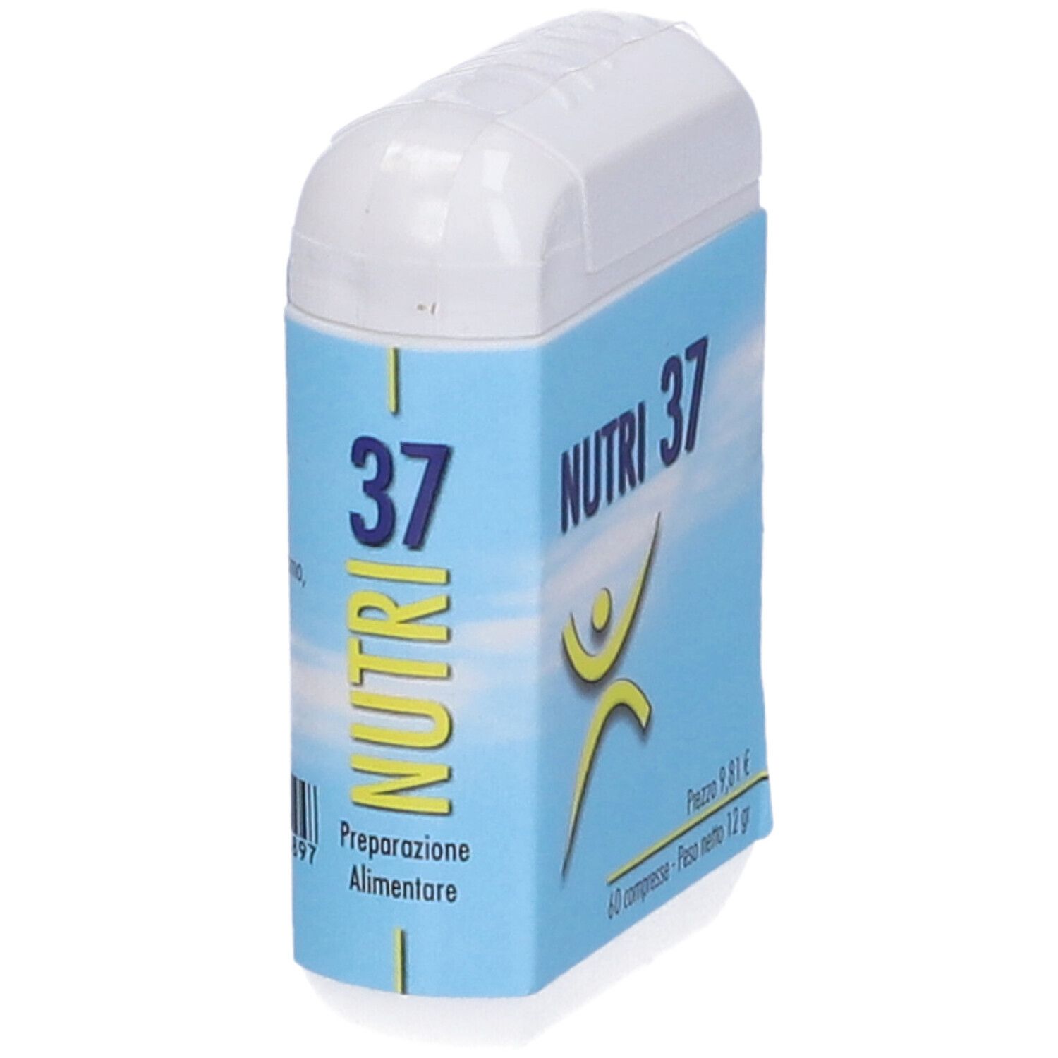 Scatola bianca di compresse con etichetta blu. Scritta: Nutri 37. Logo: figura gialla. 60 compresse. Scatola con coperchio.