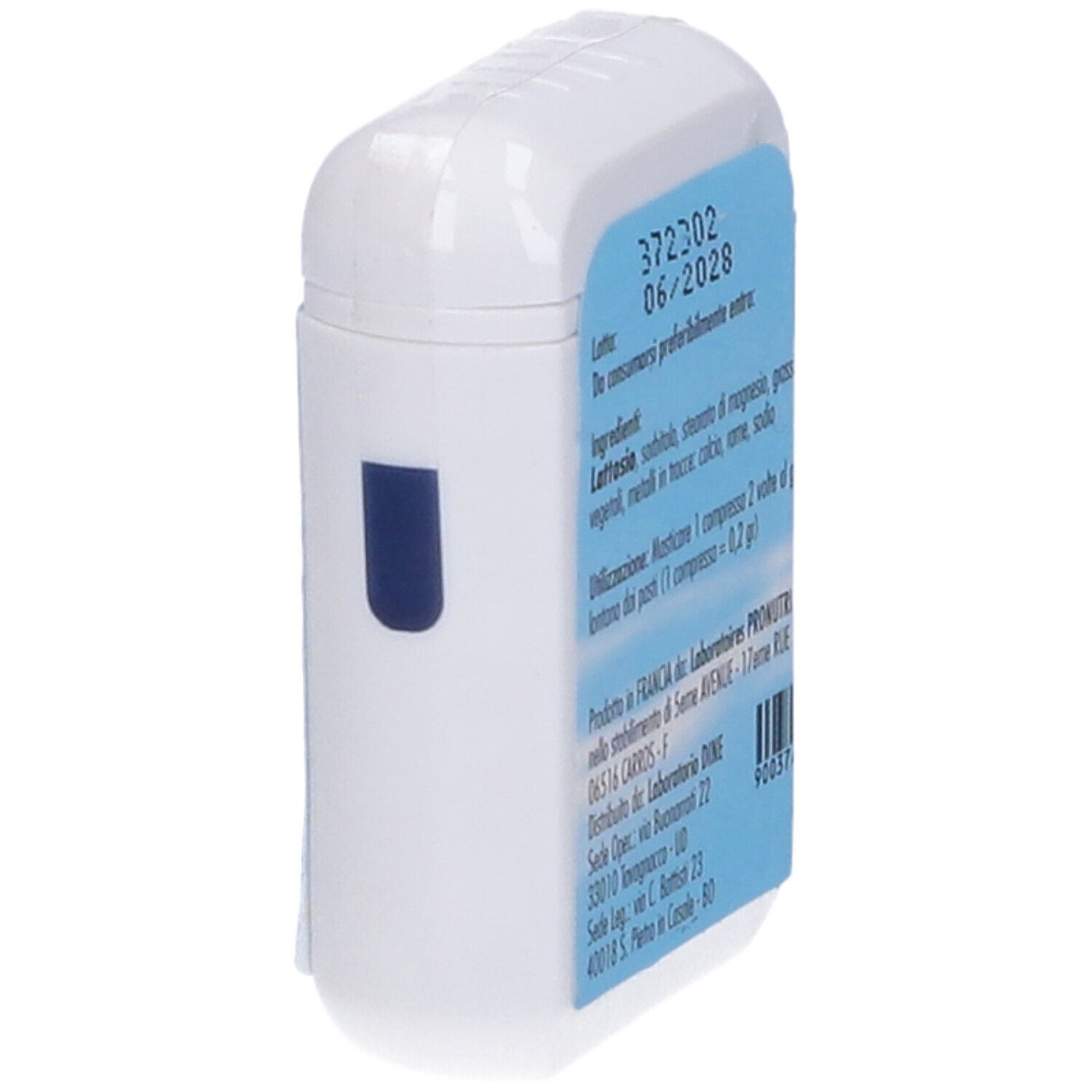 Vista laterale della scatola di compresse. Etichetta blu con testo. Ingredienti, modalità d'uso, informazioni produttore. Scadenza.