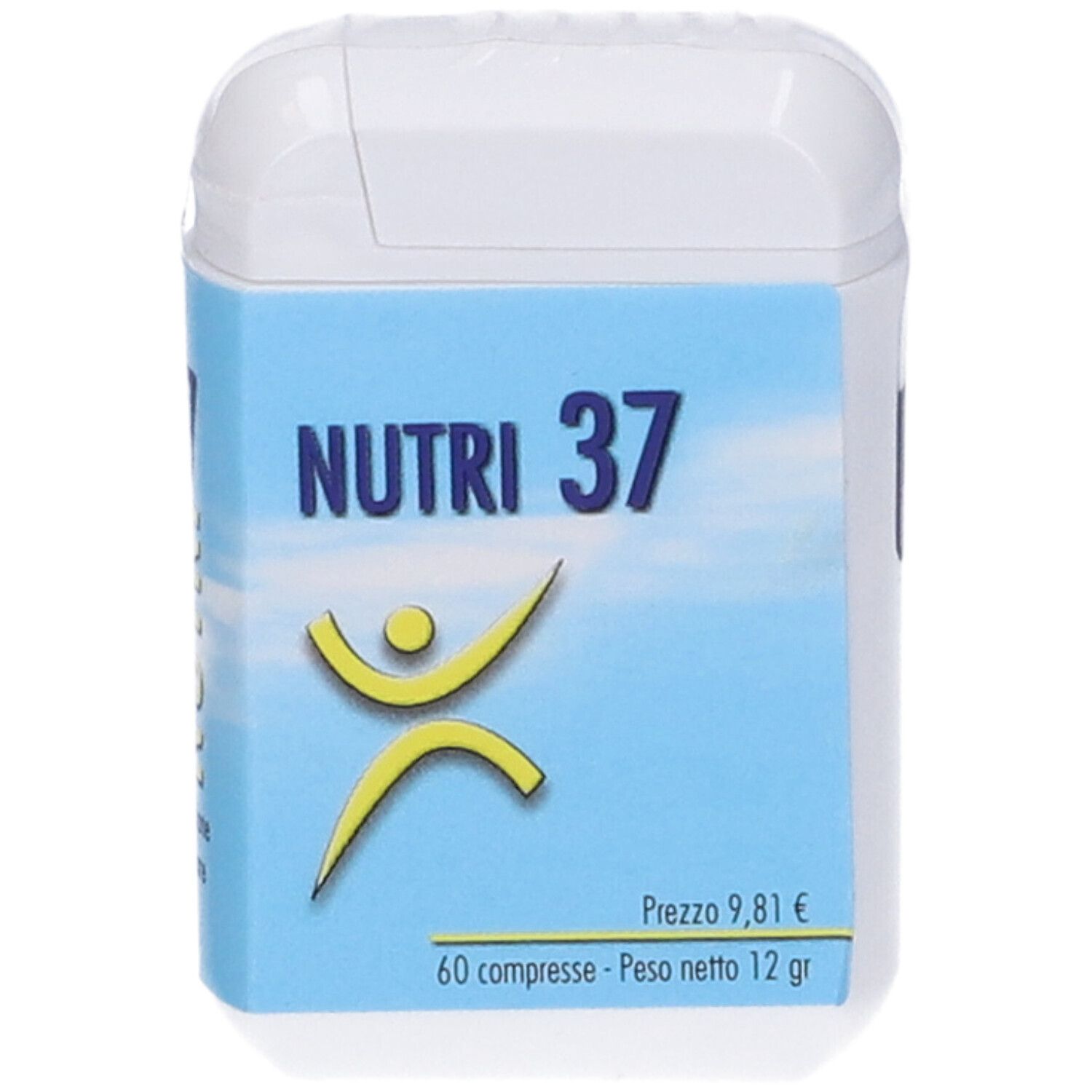 Scatola bianca di compresse con etichetta blu. Scritta: Nutri 37. Logo: figura gialla. 60 compresse. Scatola con coperchio.