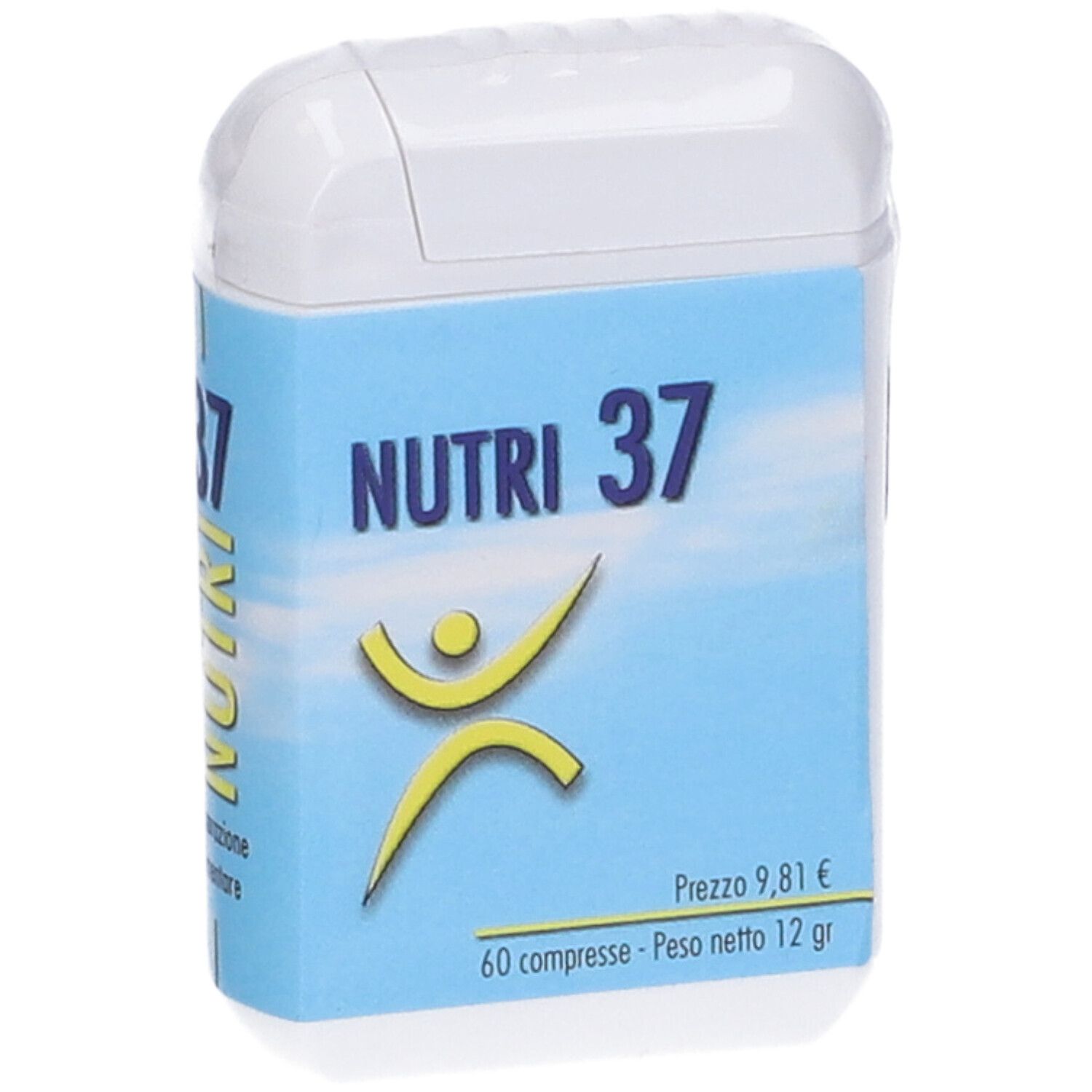 Scatola bianca di compresse con etichetta blu. Scritta: Nutri 37. Logo: figura gialla. 60 compresse. Scatola con coperchio.
