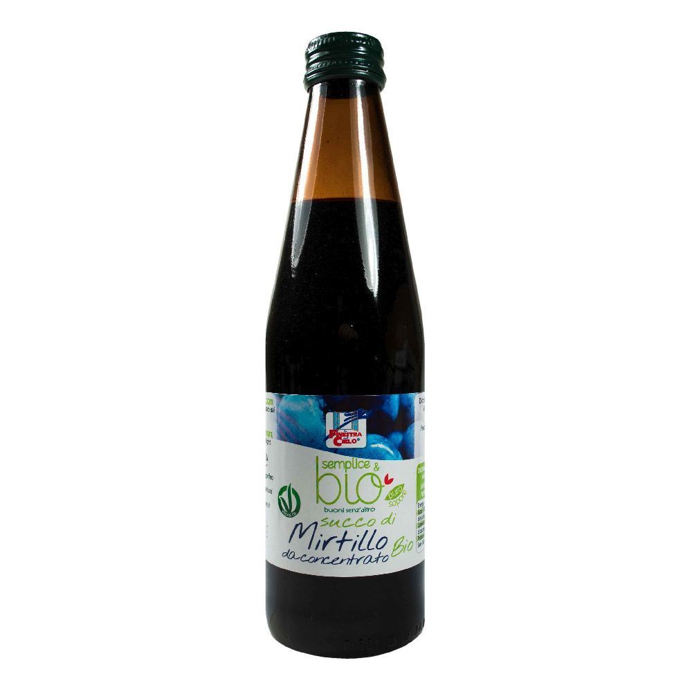 Bottiglia di vetro marrone con tappo verde. Etichetta con nome del prodotto e marchio bio. Liquido viola scuro visibile.