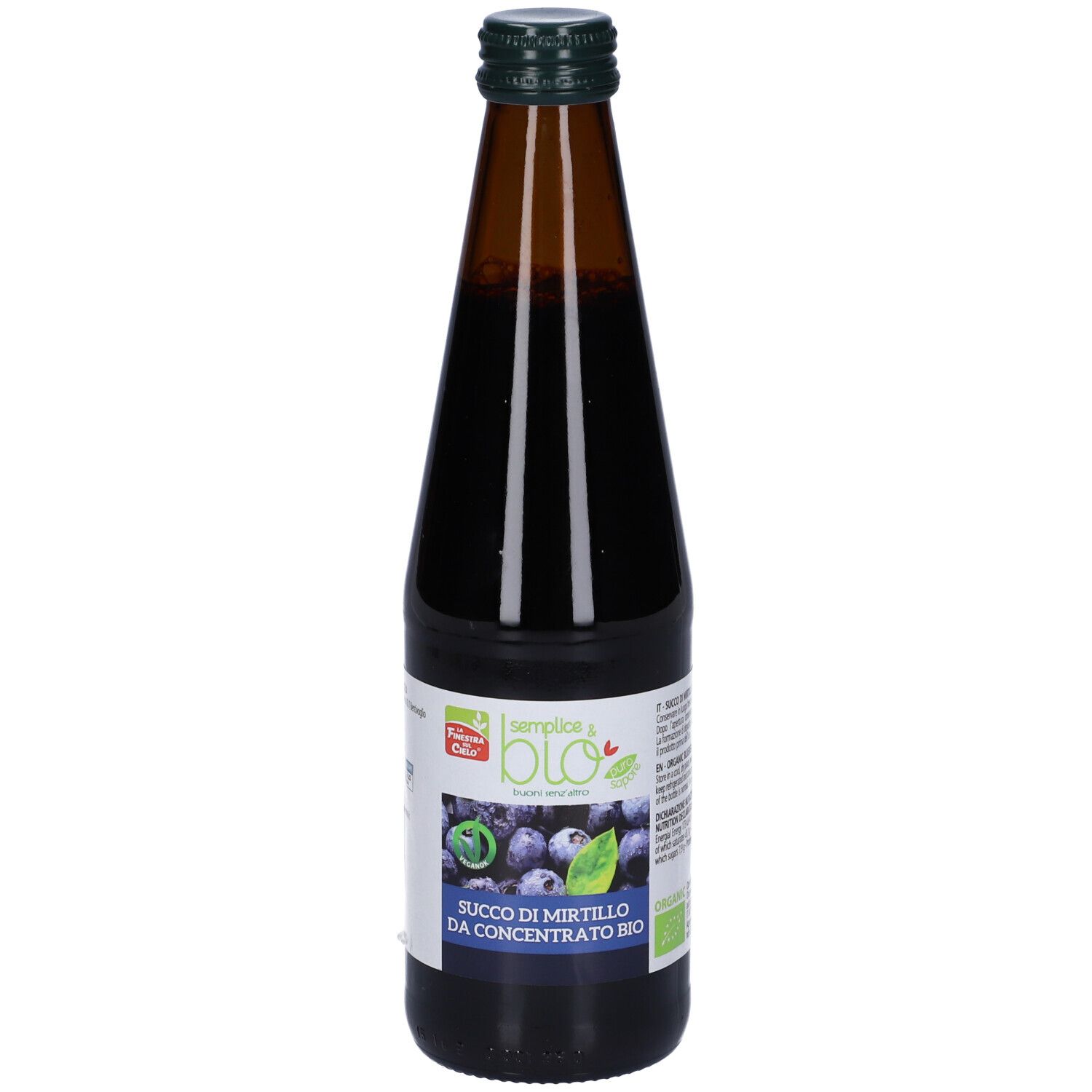 Bottiglia di vetro marrone con tappo verde. Etichetta con nome del prodotto e marchio bio. Liquido viola scuro visibile.