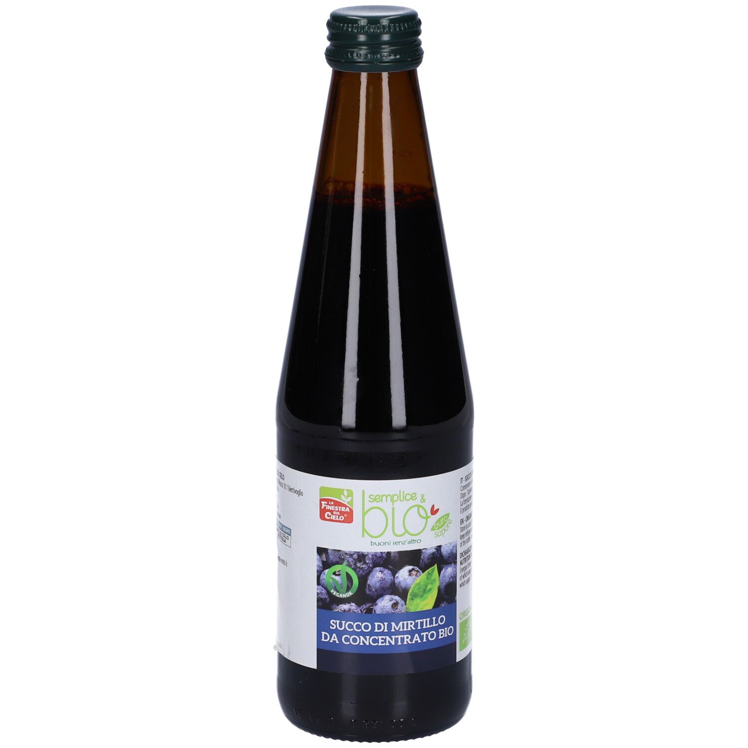 Bottiglia di vetro marrone con tappo verde. Etichetta con nome del prodotto e marchio bio. Liquido viola scuro visibile.