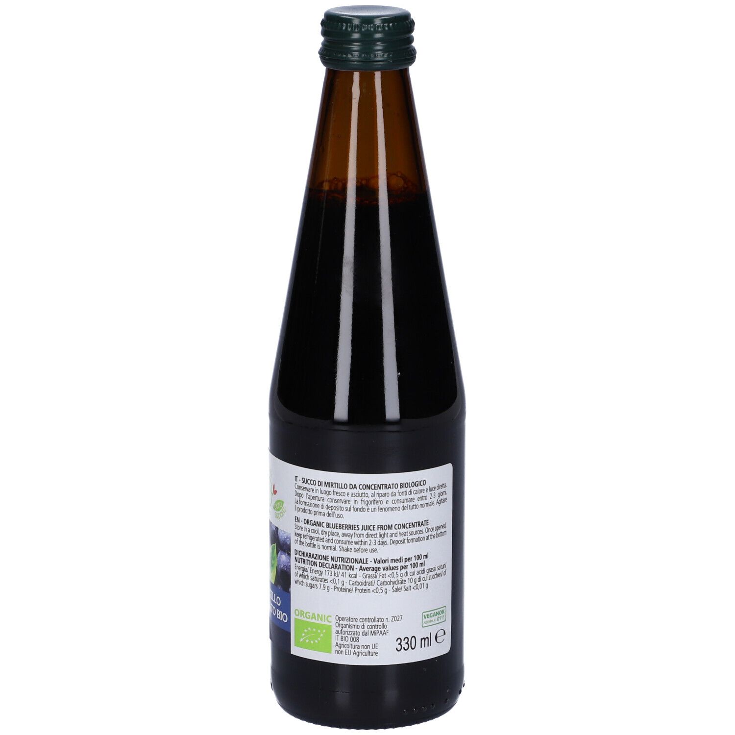 Bottiglia di vetro marrone con tappo verde. Etichetta con nome del prodotto, marchio bio e informazioni nutrizionali. 330ml.