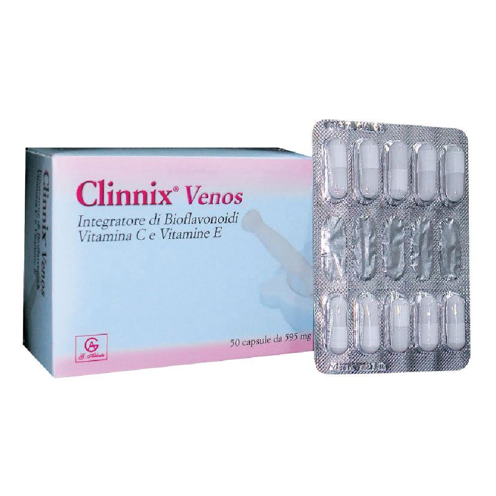 Scatola e blister di capsule. Sulla scatola è scritto "Clinnix Venos", "Integratore di Bioflavonoidi Vitamina C e Vitamine E".