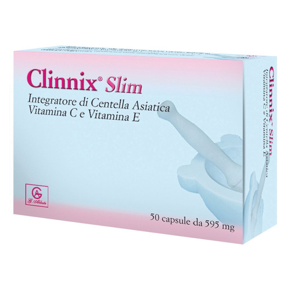 Scatola Clinnix Slim. Scritto: Integratore di Centella Asiatica, Vitamina C e Vitamina E. Contiene 50 capsule.