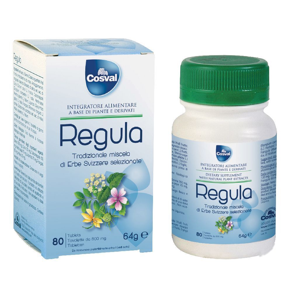 Flacone e scatola bianchi con Regula. 80 compresse. Etichetta verde e bianca. Marchio Cosval.