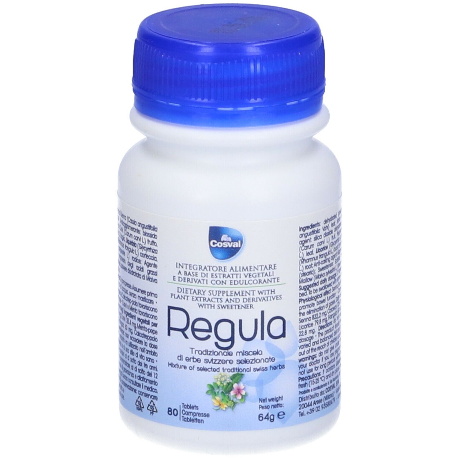 Flacone bianco con tappo blu. Nome prodotto Regula. 80 compresse. Marchio Cosval. Etichetta con testo.