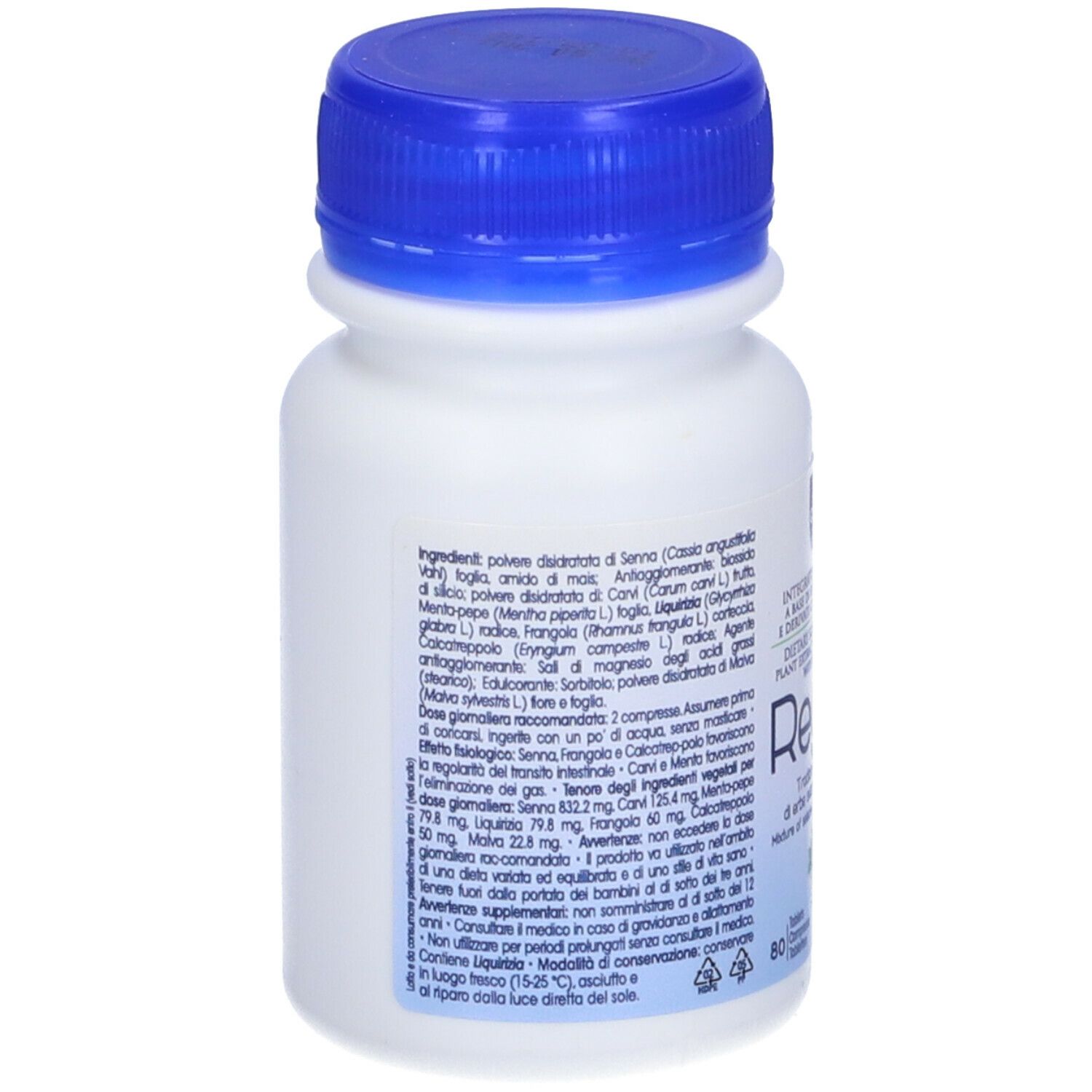 Retro di un flacone bianco con tappo blu. Testo sull'etichetta. Marchio Cosval. Nome prodotto Regula.