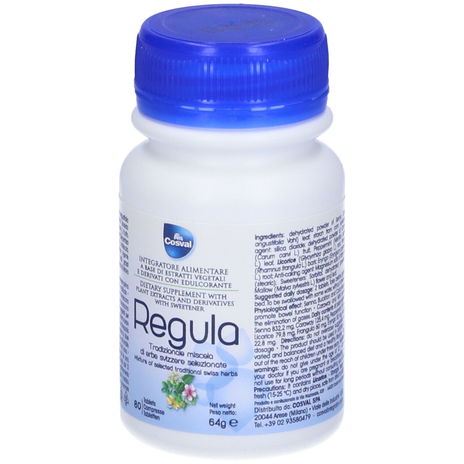 Flacone bianco con tappo blu. Nome prodotto Regula. 80 compresse. Marchio Cosval. Etichetta con testo.