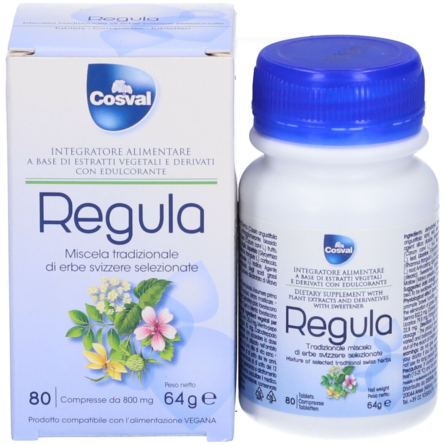 Flacone e scatola bianchi con tappo blu. Regula. 80 compresse. Marchio Cosval.