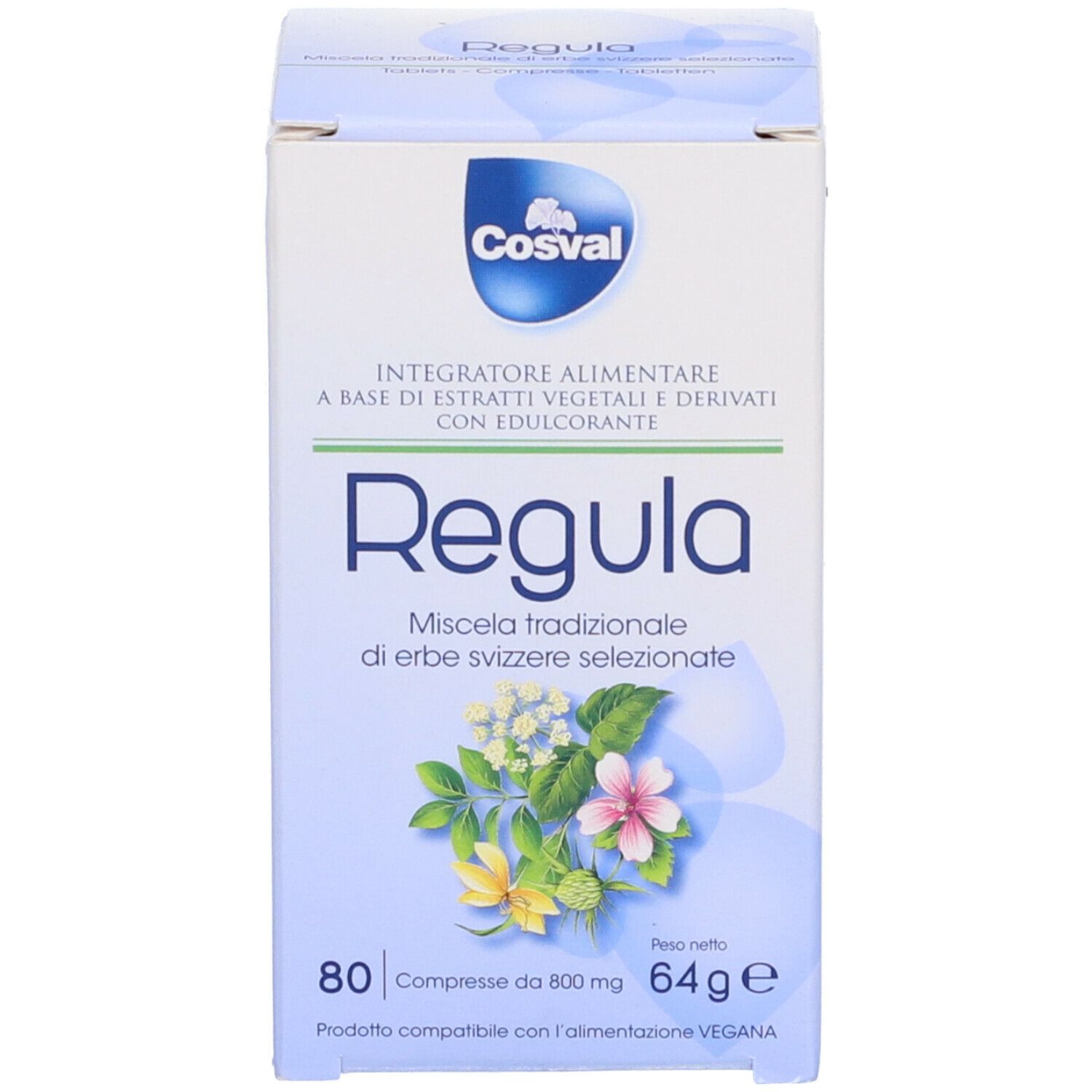 Scatola bianca con Regula. 80 compresse. Marchio Cosval. Etichetta con testo.