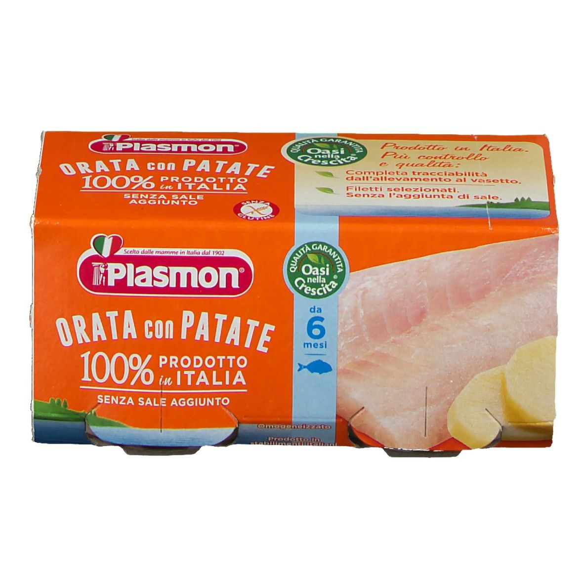 Verpackung mit Gläsern Plasmon® Orata con Patate. Orangefarbene Verpackung mit Produktinformationen und Logo.