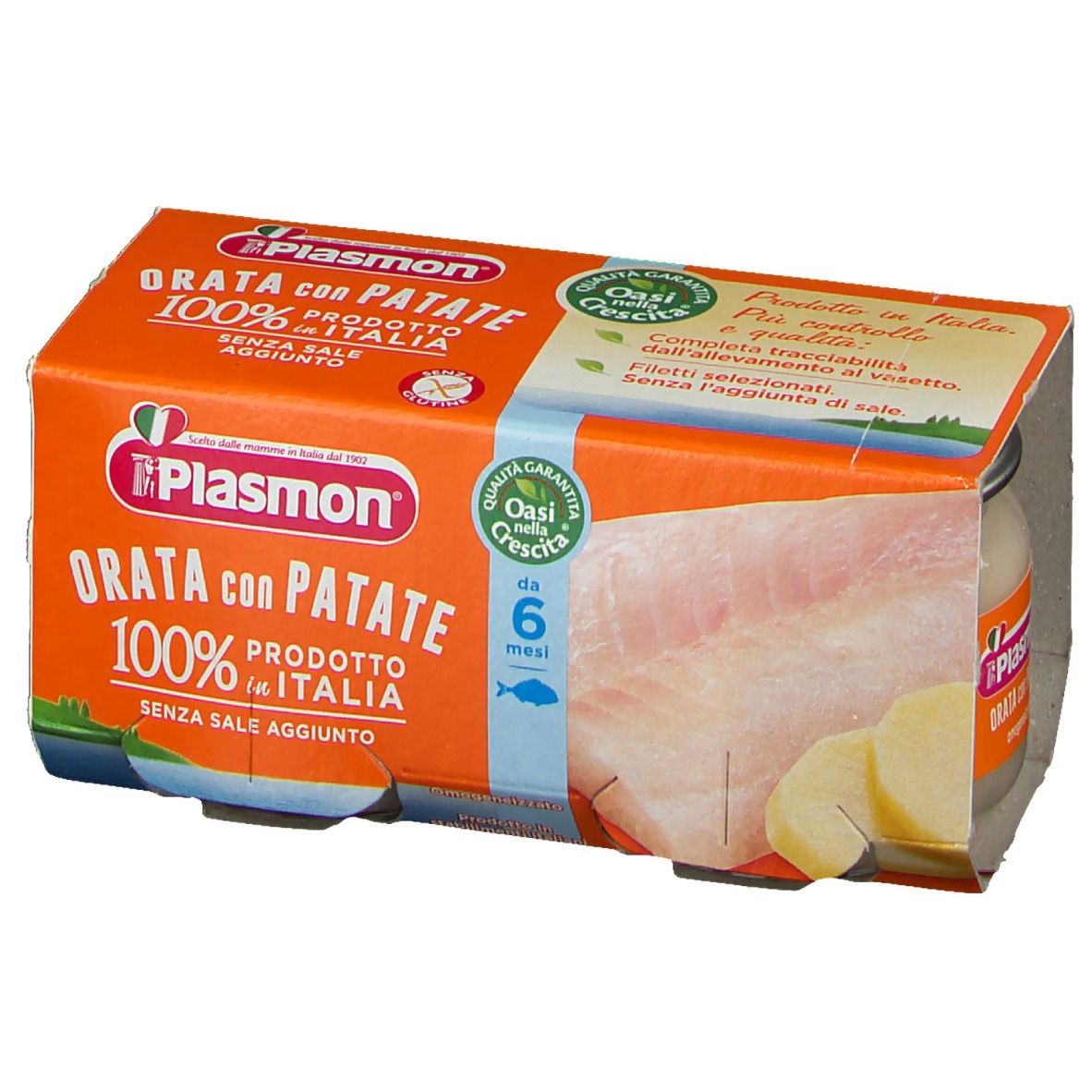 Verpackung mit Gläsern Plasmon® Orata con Patate. Orangefarbene Verpackung mit Produktinformationen und Logo.