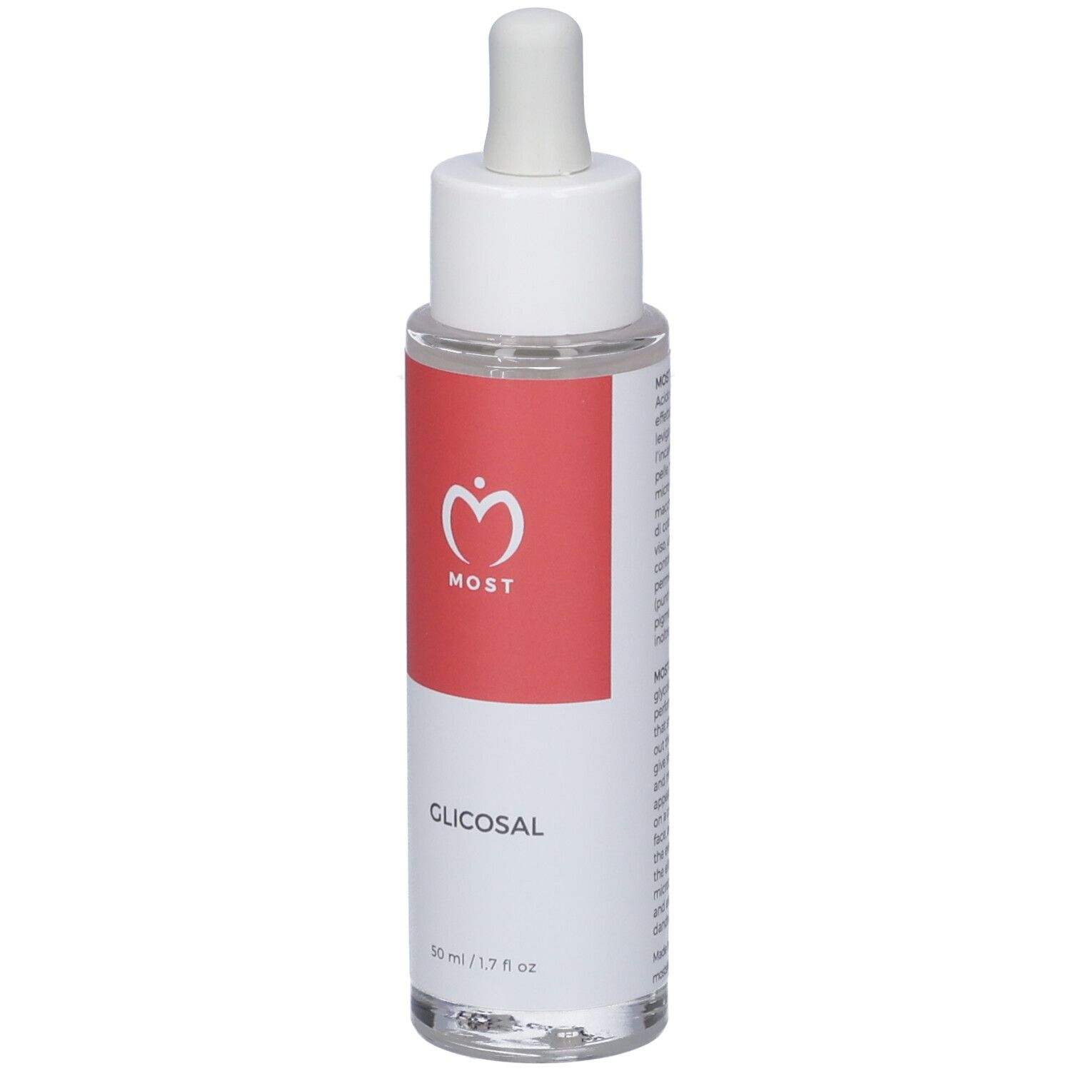 Flasche mit Pipette, rotem Etikett mit weißem Logo und Aufschrift 'MOST CLICOSAL'.