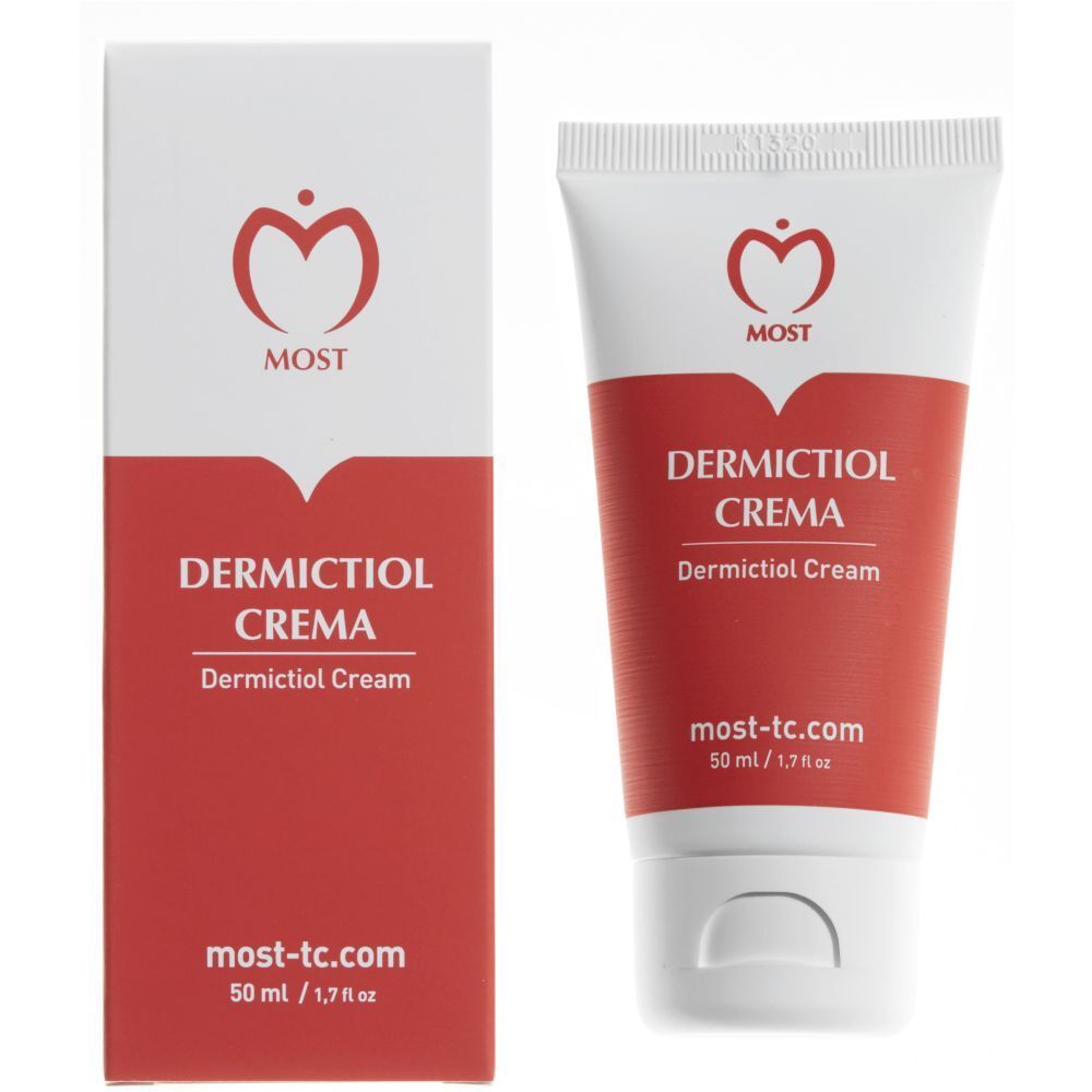 Tubo e scatola crema. Rosso e bianco. Scritta: DERMICTIOL CREMA. Logo MOST. 50 ml.