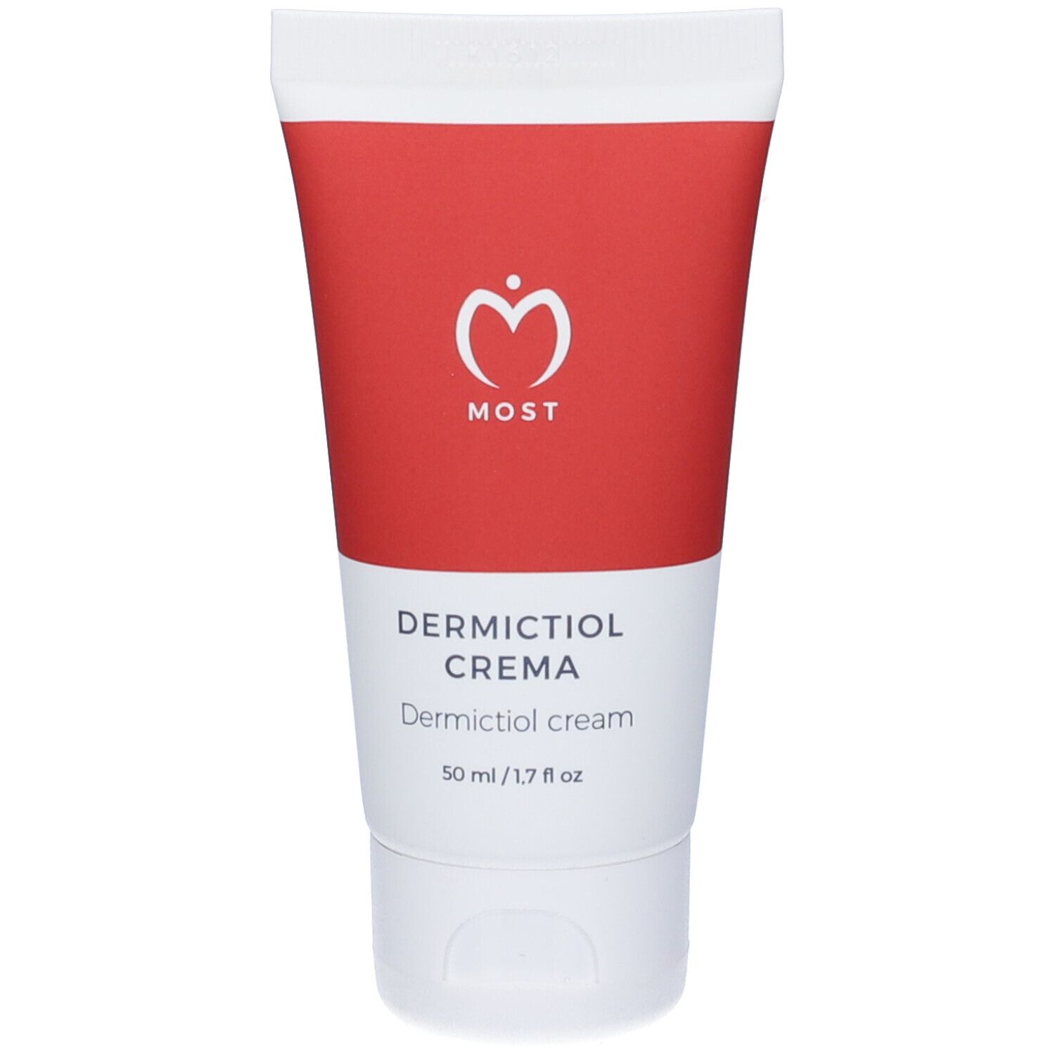 Tubo crema. Testa del tubo bianca. Scritta: DERMICTIOL CREMA. Logo MOST. 50 ml.