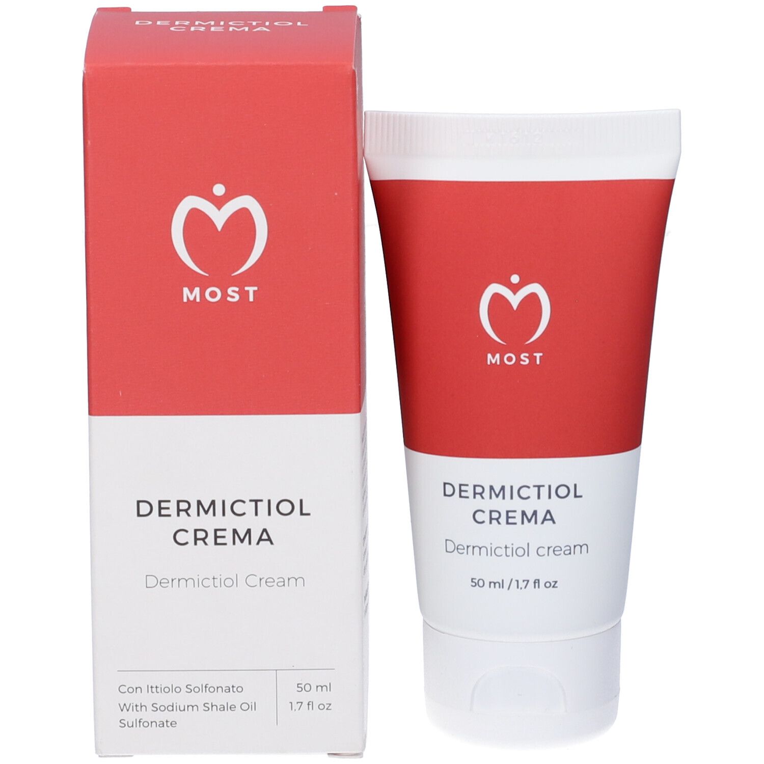 Tubo e scatola di crema. Rosso e bianco. Scritta: DERMICTIOL CREMA. Logo MOST. 50 ml.