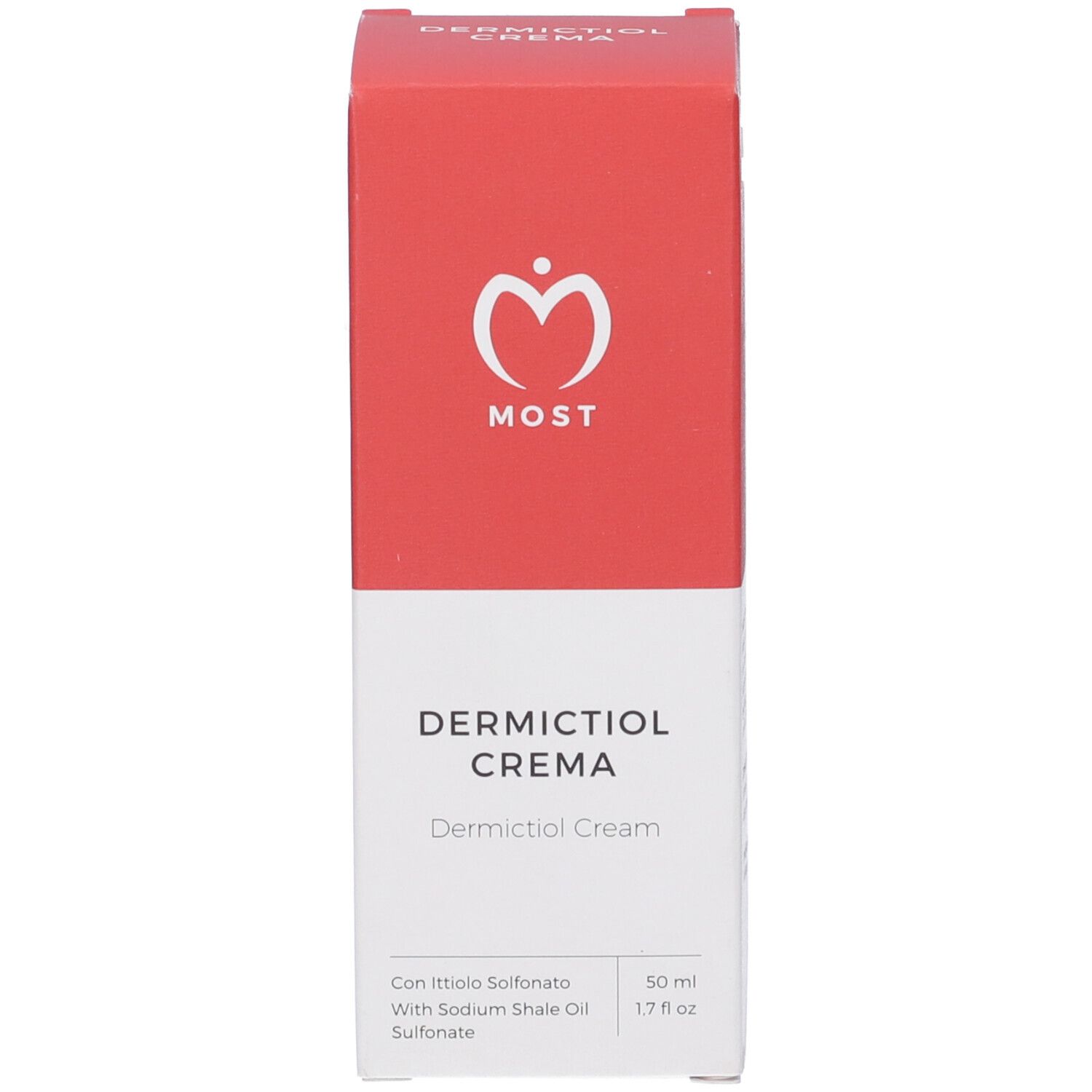 Scatola. Rosso e bianco. Scritta: DERMICTIOL CREMA. Logo MOST. 50 ml.