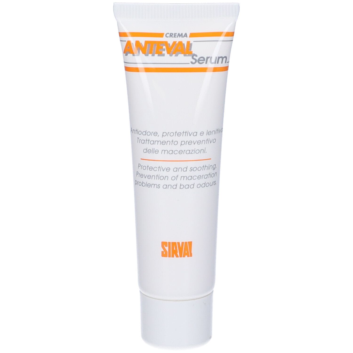 Tubo bianco con scritta: CREMA ANTEVAL Serum. Scritta arancione. Marchio SIRVAL in basso.