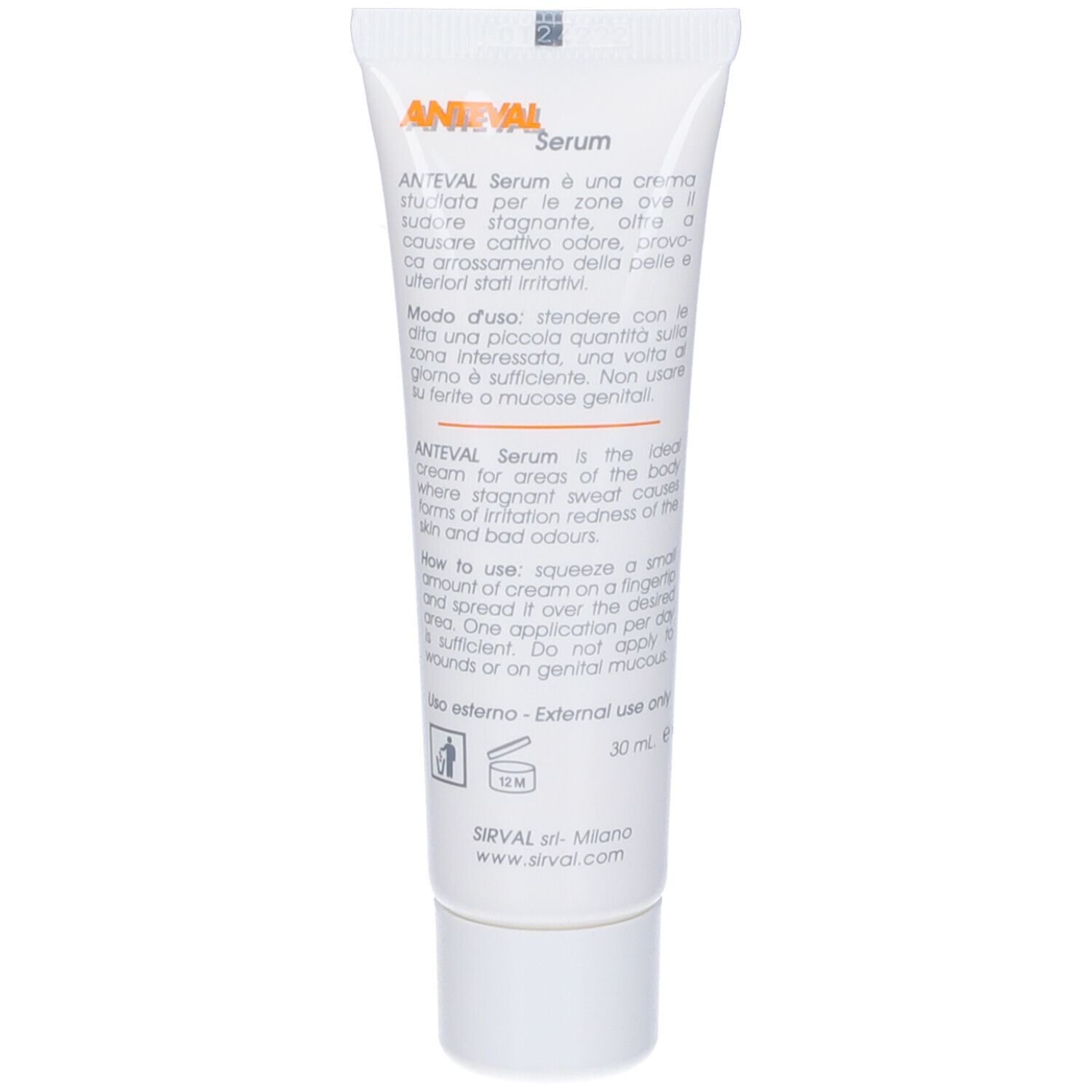 Retro del tubo. Testo in italiano. Marchio SIRVAL. 30 ml. Avvertenze.
