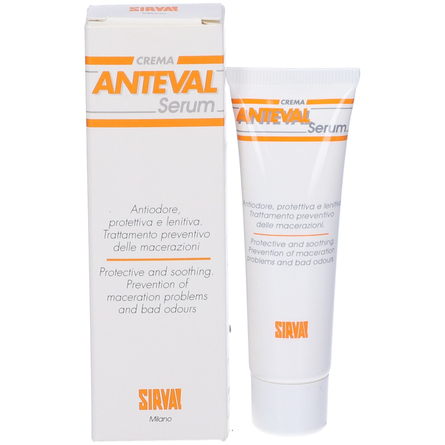 Scatola e tubo bianchi. Scritta: CREMA ANTEVAL Serum. Accenti arancioni. Marchio SIRVAL.