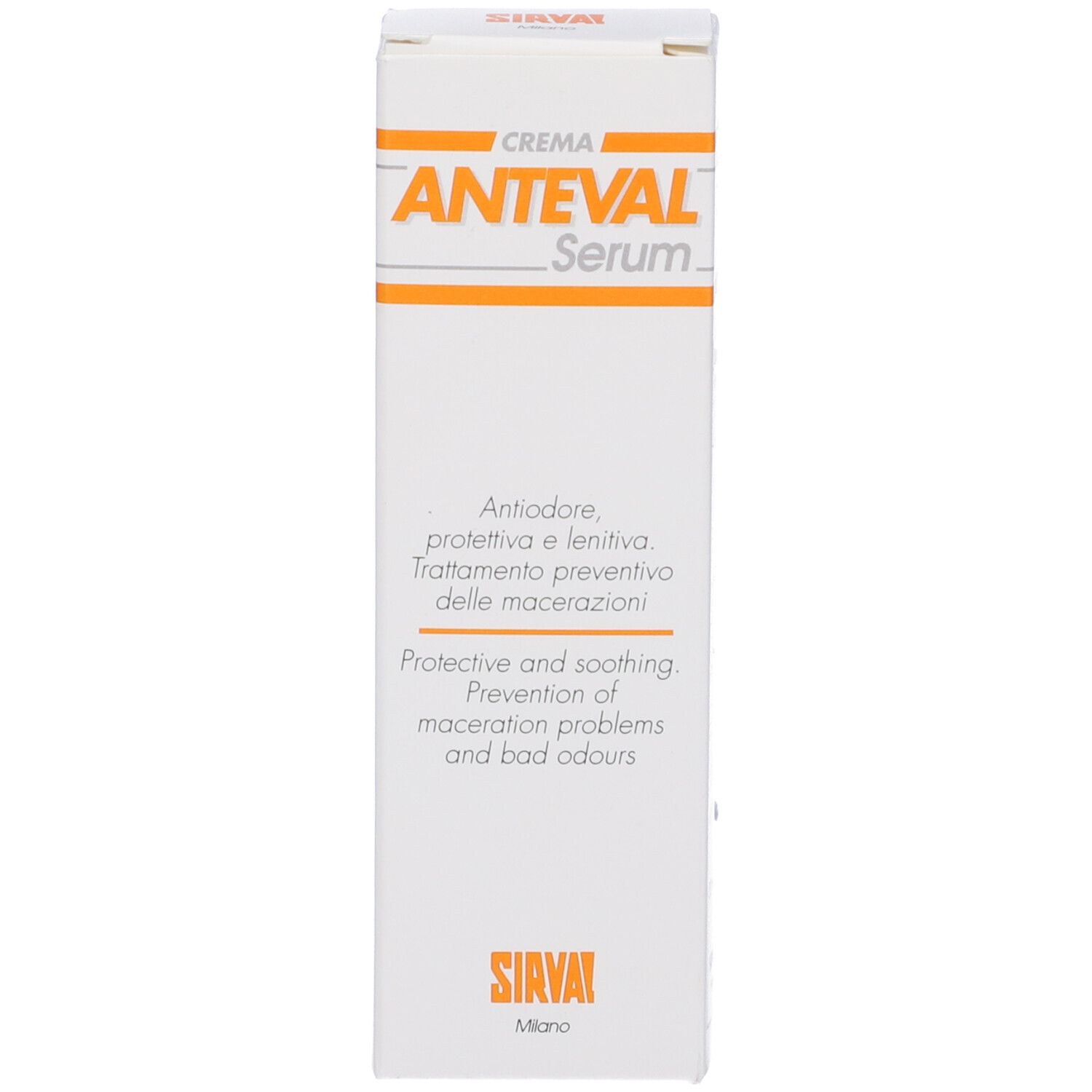 Scatola bianca. Scritta: CREMA ANTEVAL Serum. Accenti arancioni. Marchio SIRVAL.