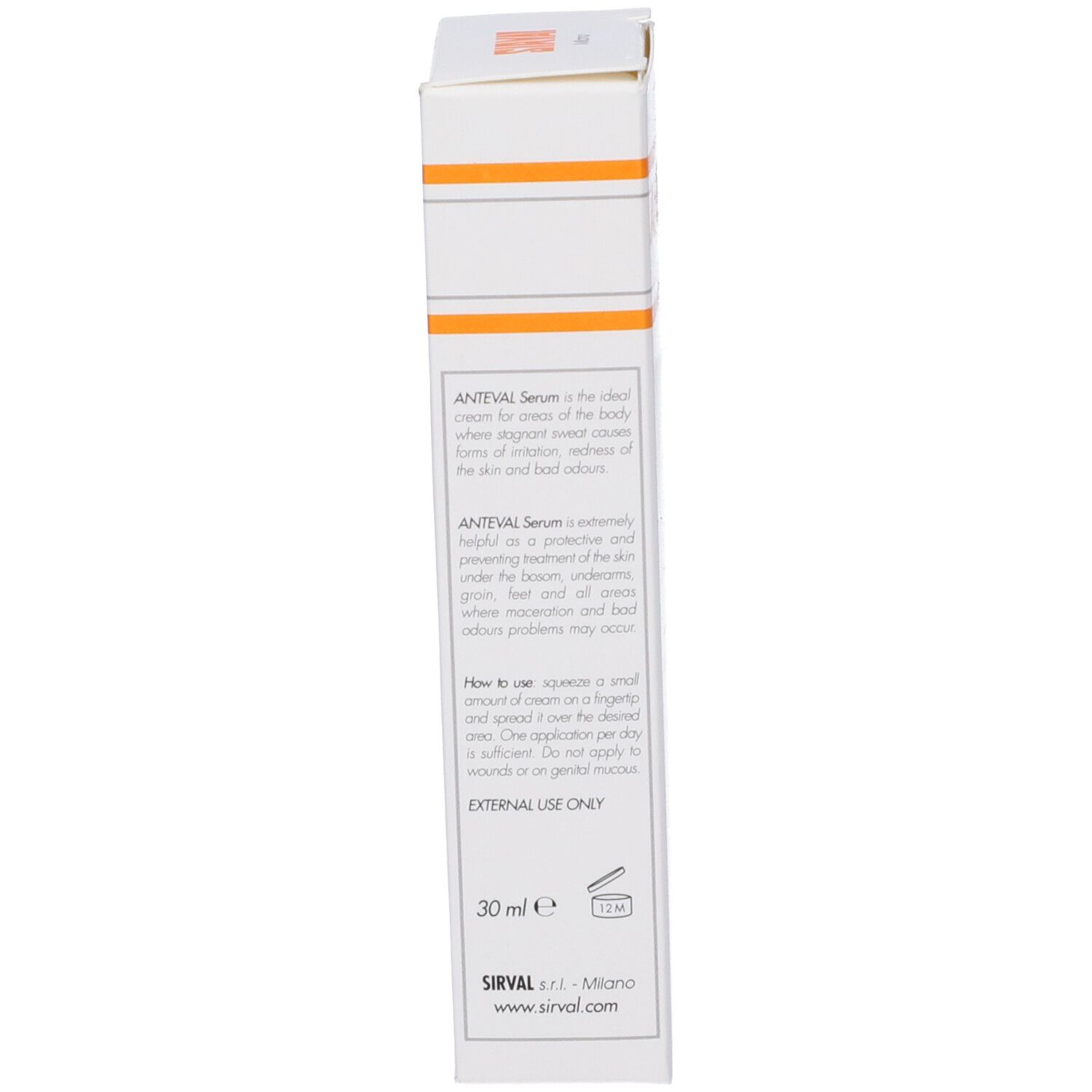 Retro della scatola. Testo in italiano. Marchio SIRVAL. 30 ml. Avvertenze.