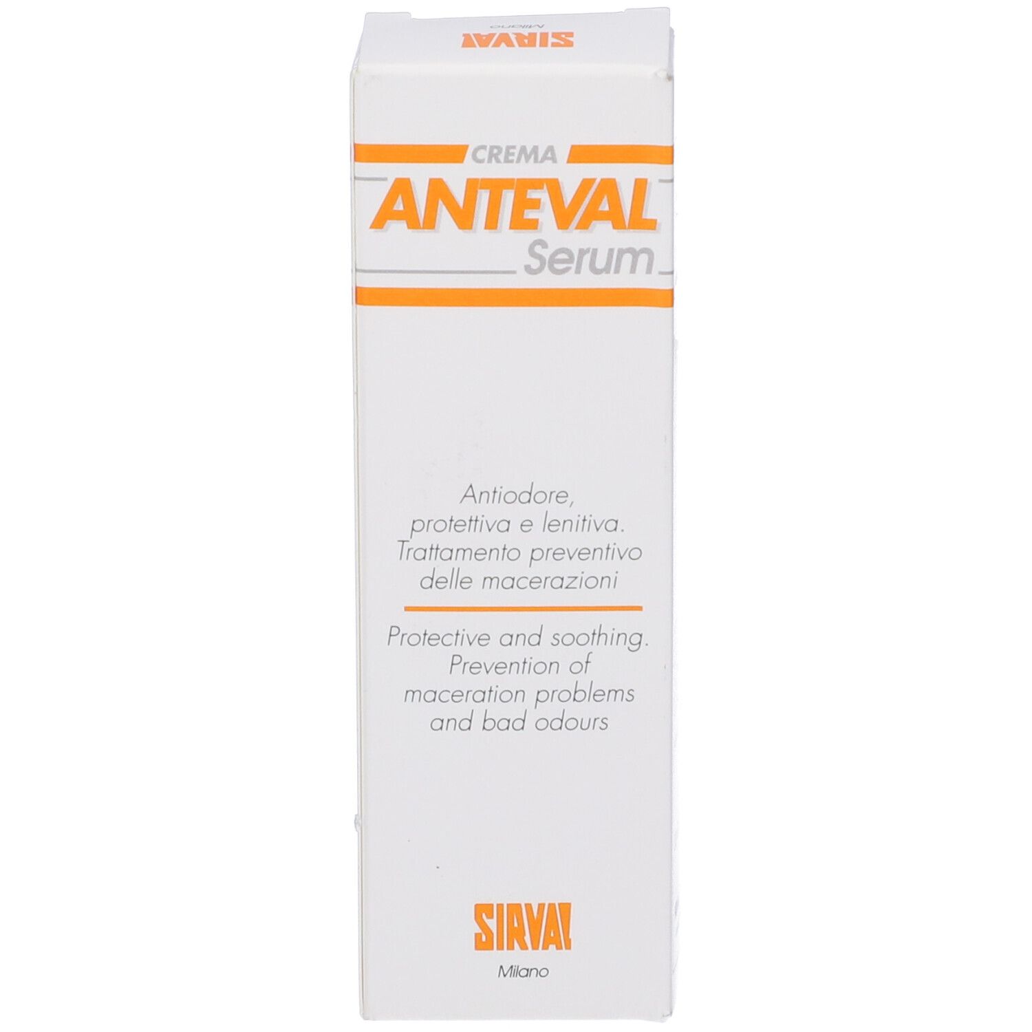 Scatola bianca. Scritta: CREMA ANTEVAL Serum. Accenti arancioni. Marchio SIRVAL.
