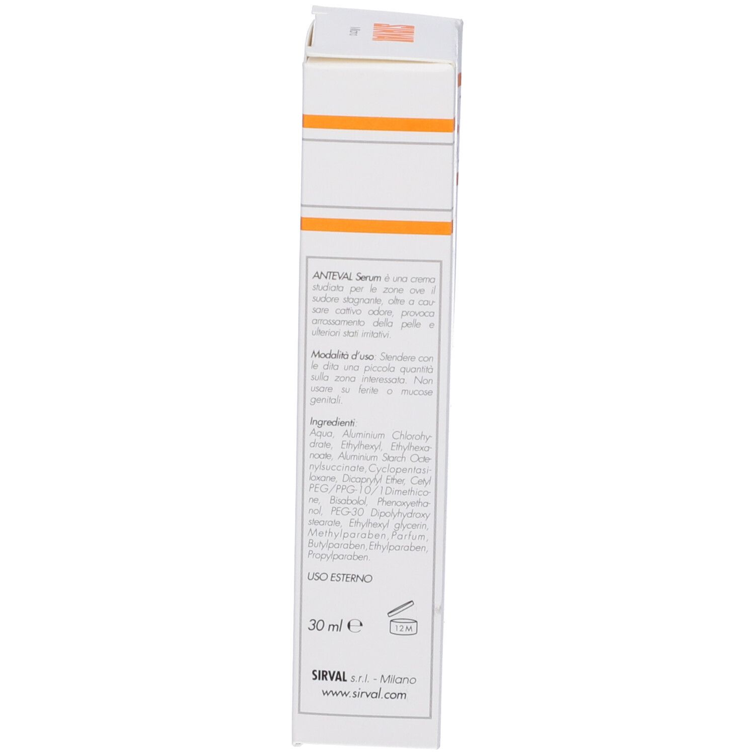 Lato della scatola. Testo in italiano. Marchio SIRVAL. 30 ml. Avvertenze.