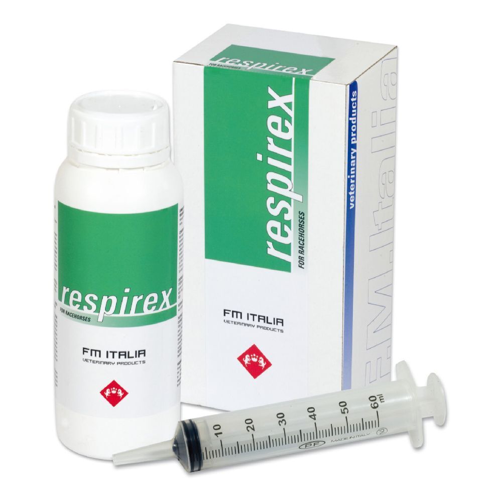 Flacone bianco e scatola con etichetta verde. Scritta "respirex". Accanto una siringa. FM Italia.