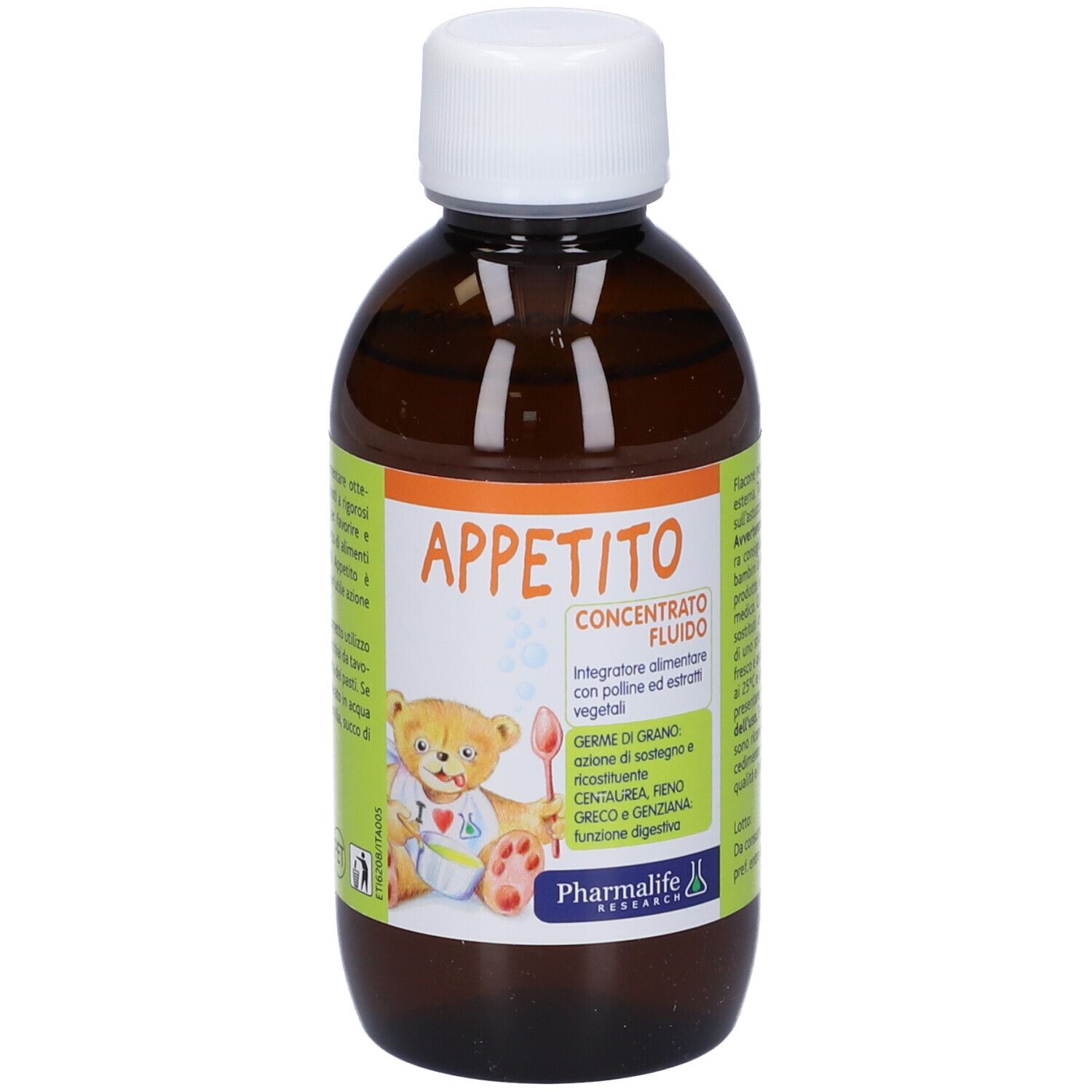 Bottiglia marrone con tappo bianco. Etichetta con nome prodotto e orsetto.