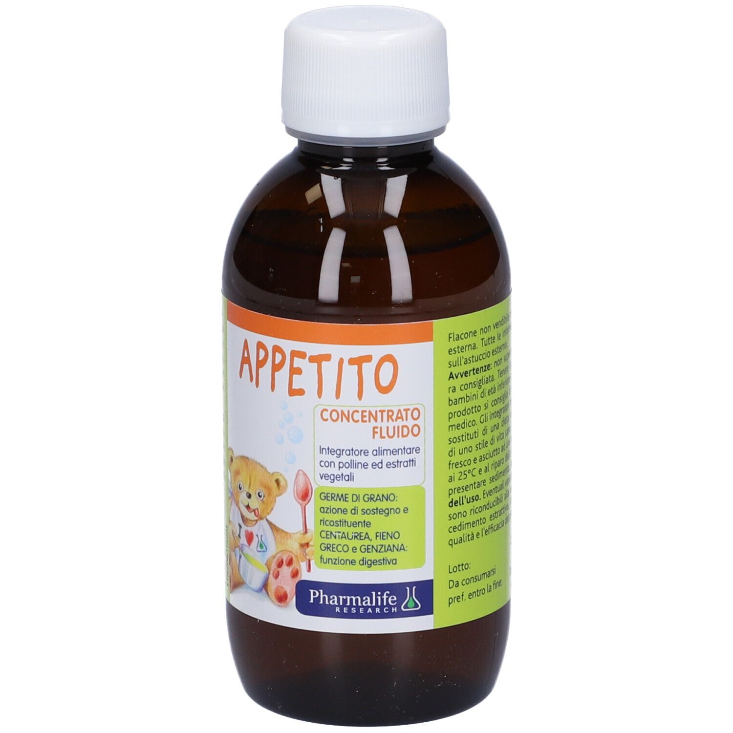 Bottiglia marrone con tappo bianco. Etichetta con informazioni prodotto e testo.